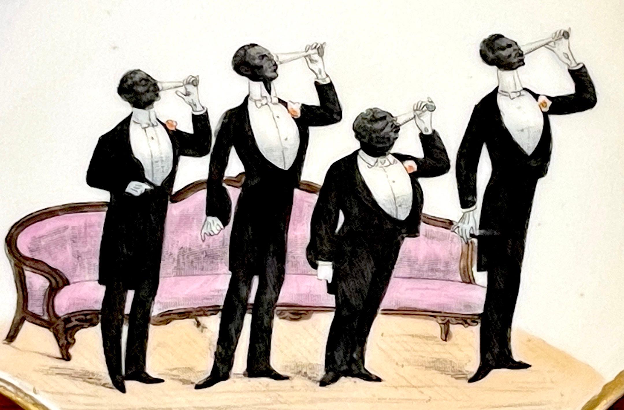 19th Century 19th C Novelty  Regency Black Aristocratic Men Drinking Champagne For Sale