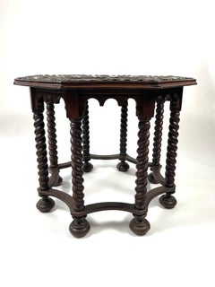 19th C Octagonal Table with Inlaid Marble Top with Brass Shells and Flowers