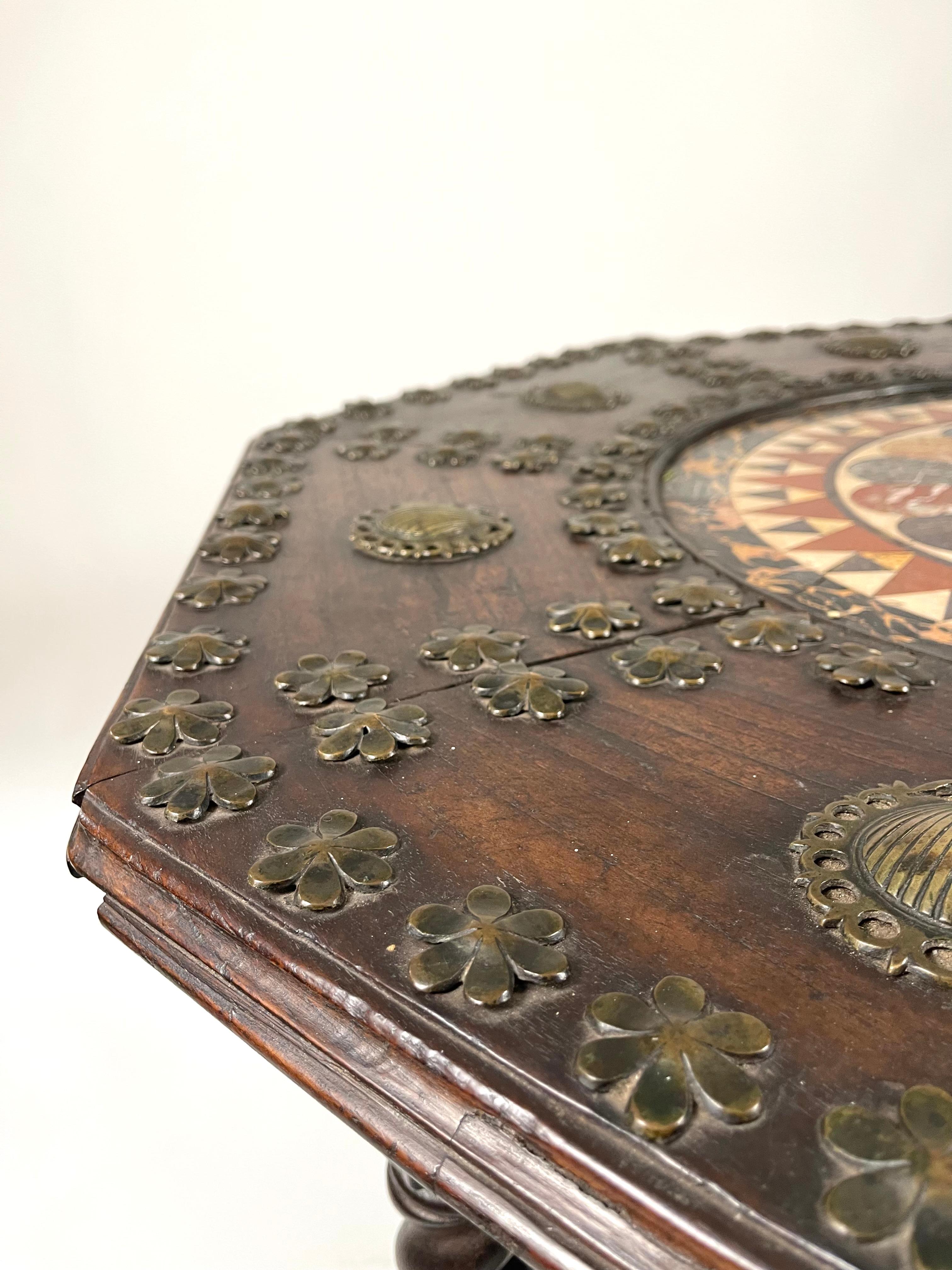 Carved 19th C Octagonal Table with Inlaid Marble Top with Brass Shells and Flowers For Sale