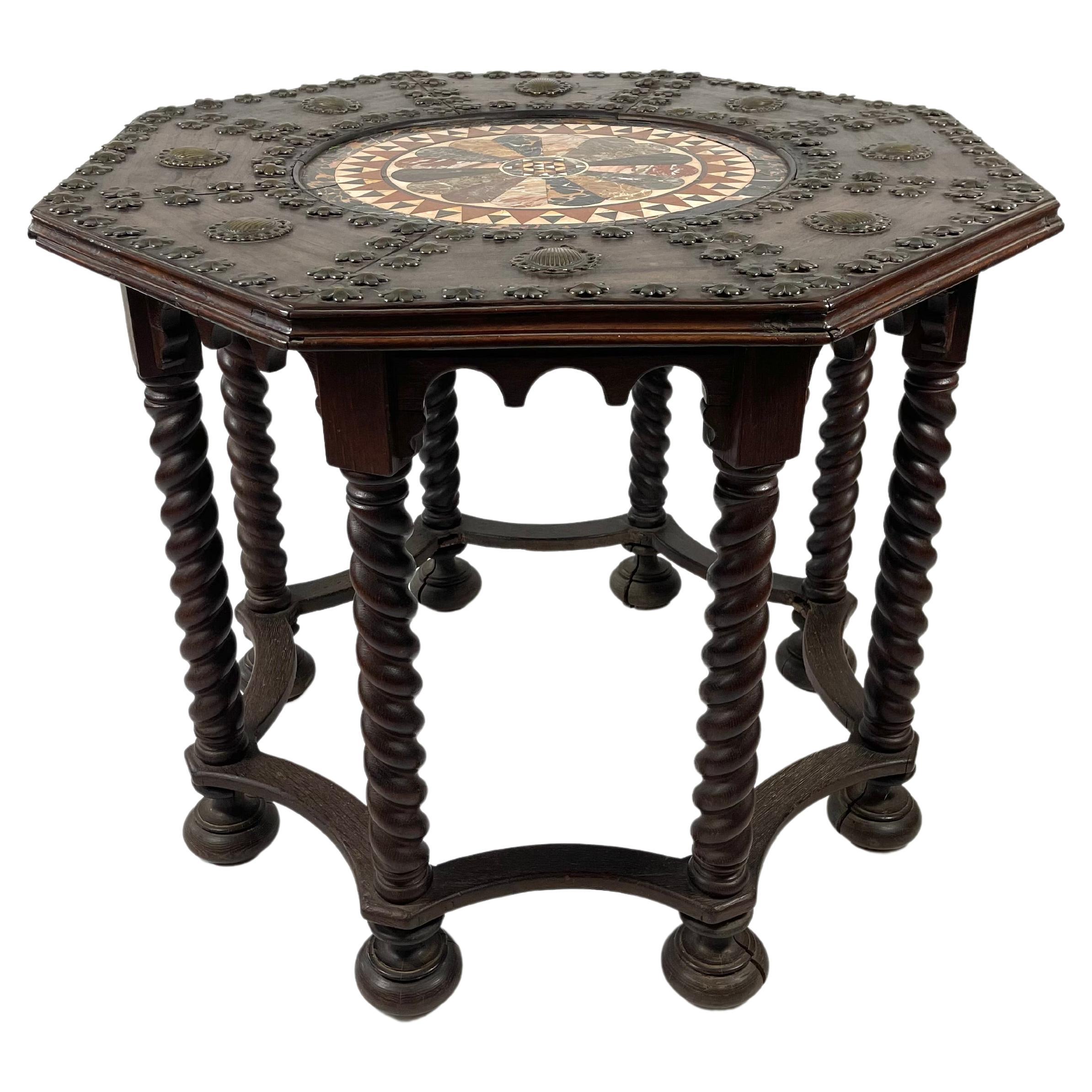 19th C Octagonal Table with Inlaid Marble Top with Brass Shells and Flowers