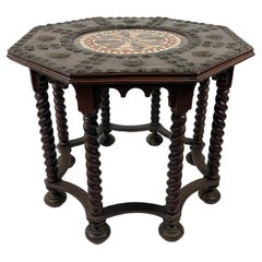 19th C Octagonal Table with Inlaid Marble Top with Brass Shells and Flowers