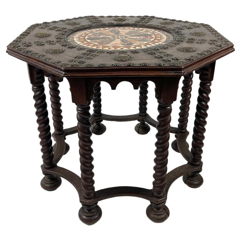 Table Pliante Octogonale Ancienne - Bois Laqué Peint à La Main - Antiquité Originale D'Inde