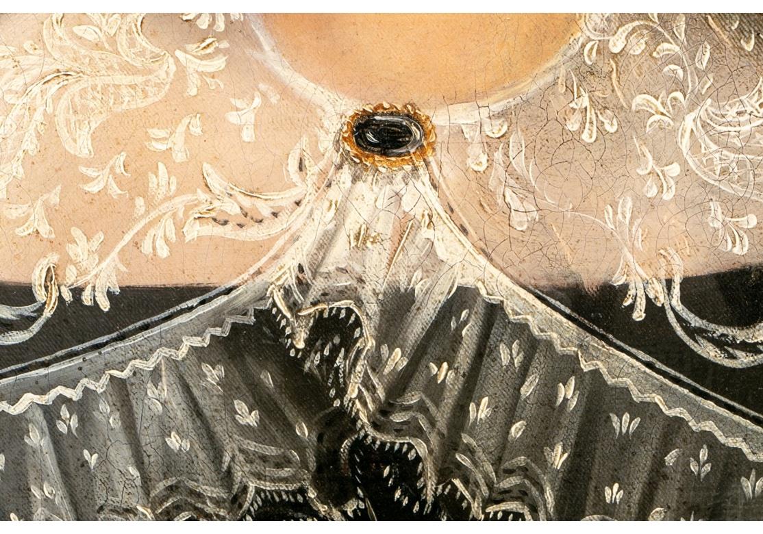 Huile sur panneau du XIXe siècle, portrait d'une femme avec collier de dentelle État moyen - En vente à Bridgeport, CT