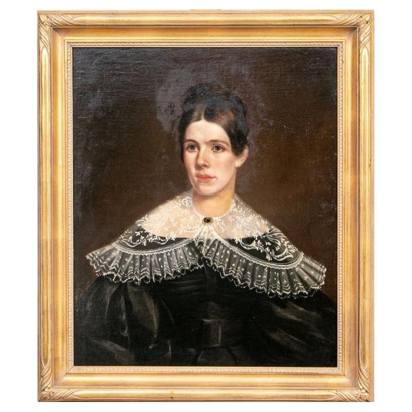 19th C. Oil on Panel, Portrait of a Lady with Lace Collar For Sale