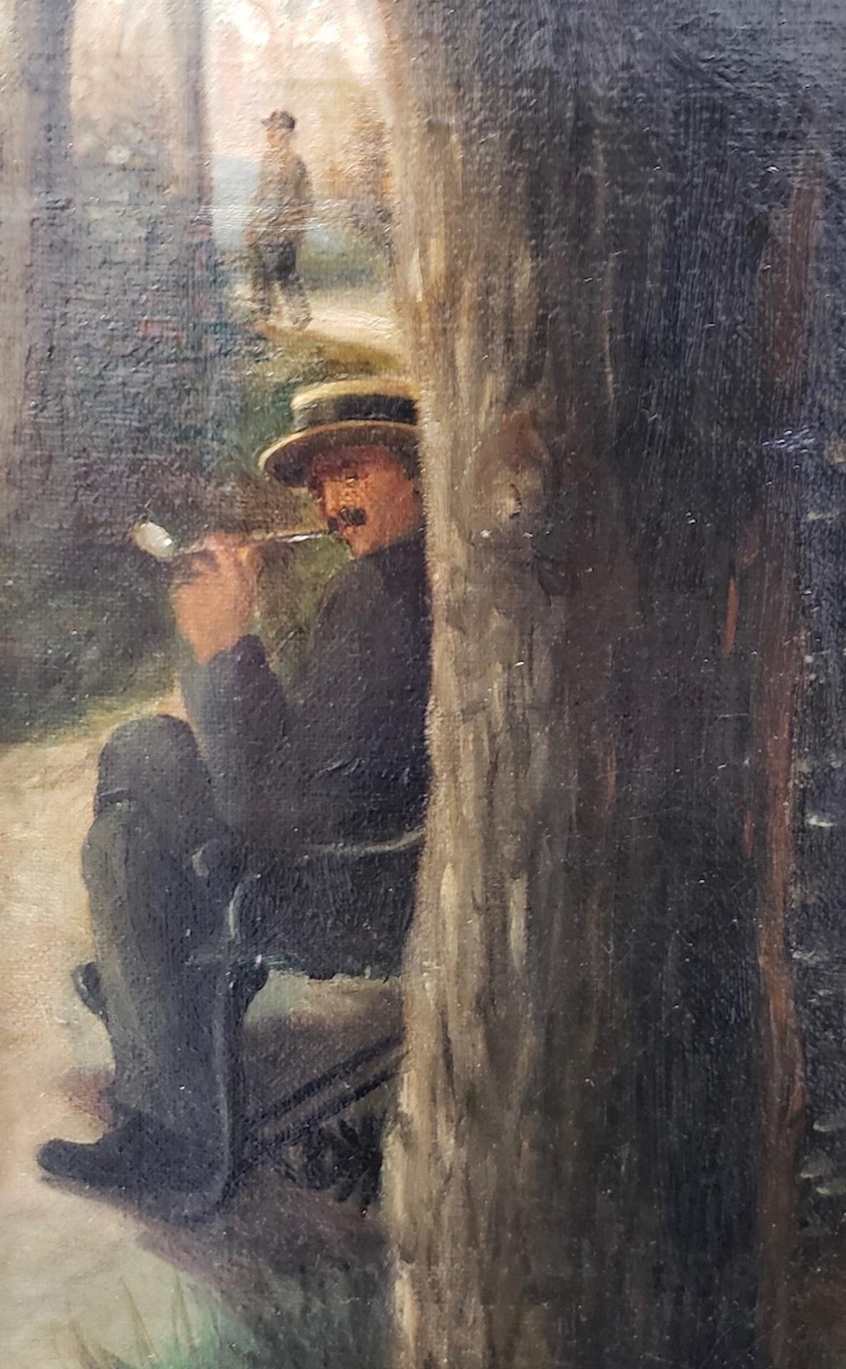 Américain Peinture à l'huile du XIXe siècle représentant une jeune famille dans un parc en vente