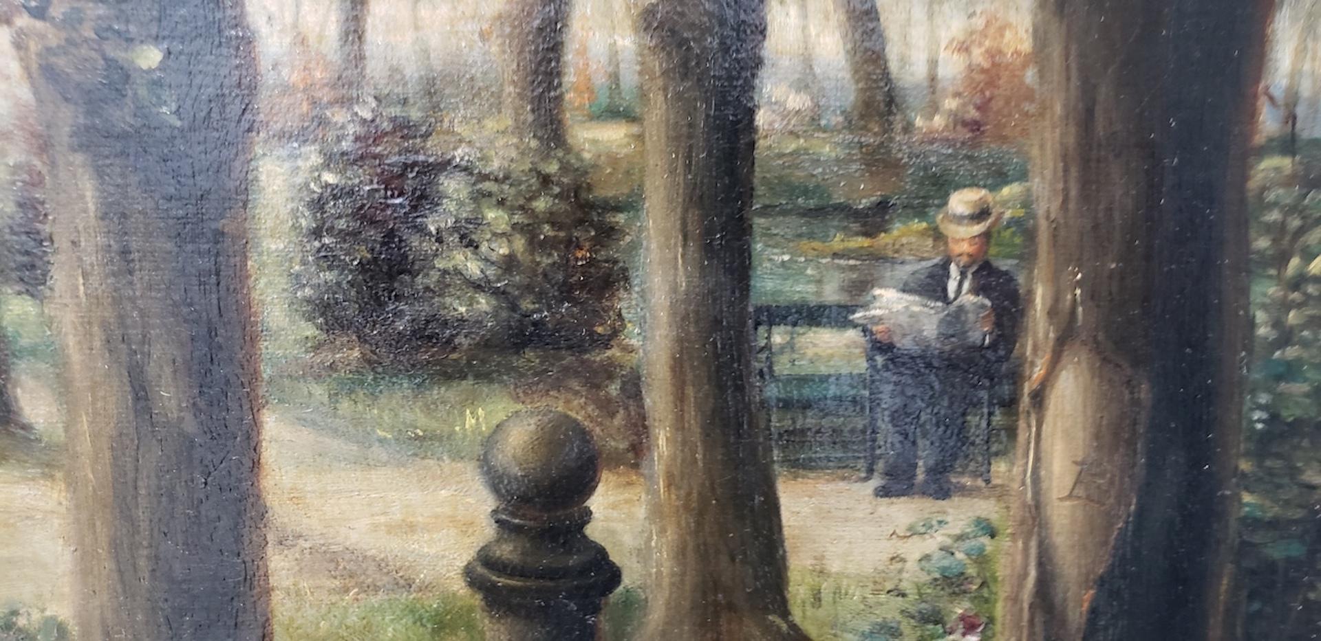 Hand-Painted 19th Century Oil Painting of a Young Family in a Park For Sale