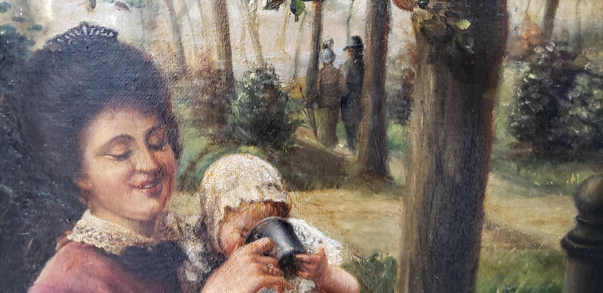 Peinture à l'huile du XIXe siècle représentant une jeune famille dans un parc Bon état - En vente à San Francisco, CA