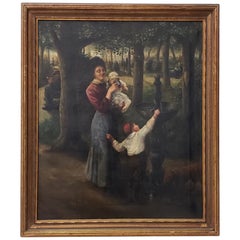 Peinture à l'huile du XIXe siècle représentant une jeune famille dans un parc