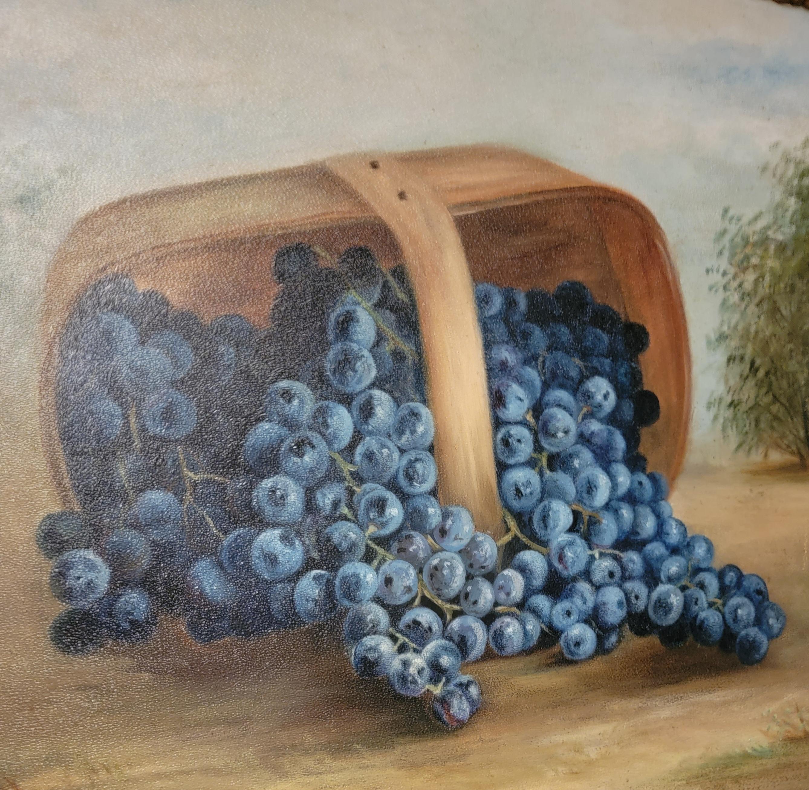 19th C Oil Painting of an Exaggerated Folky Basket of Blue Berries. Framed in an Ornate Victorian Wood Frame. Signed AML on bottom right of painting.