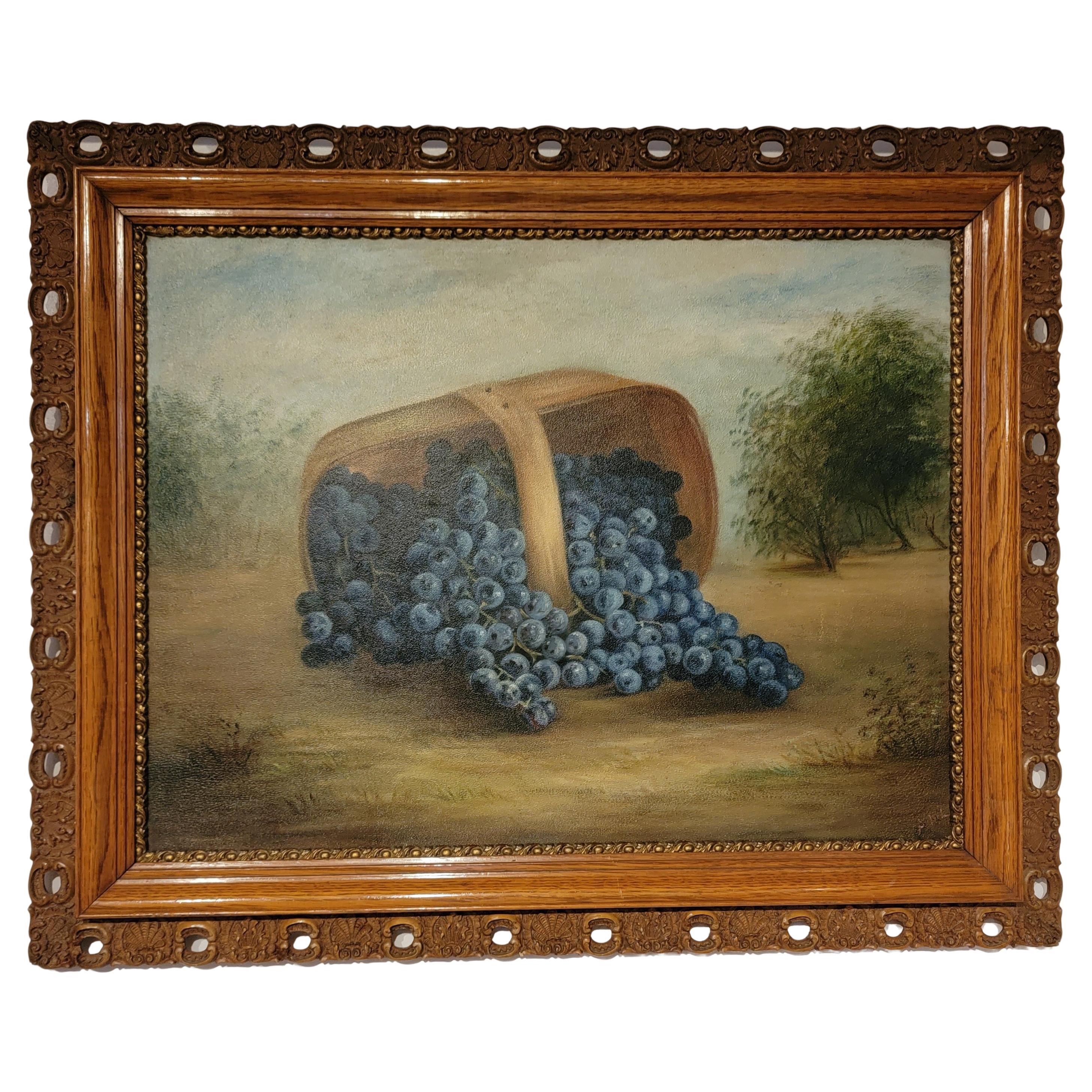 19th C Oil Painting of an Exaggerated Basket of Blueberries