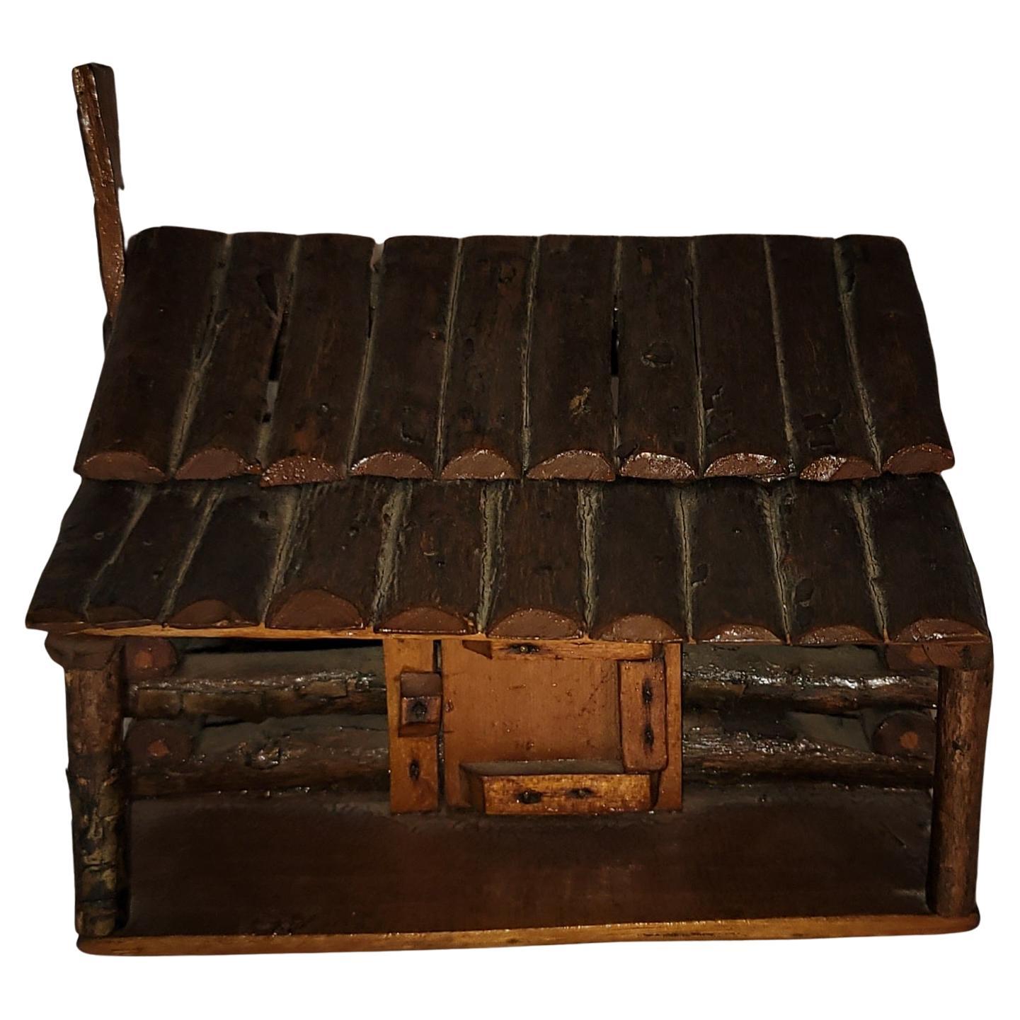 19th C old hickory miniature log cabin playing card box or cigarette box.
