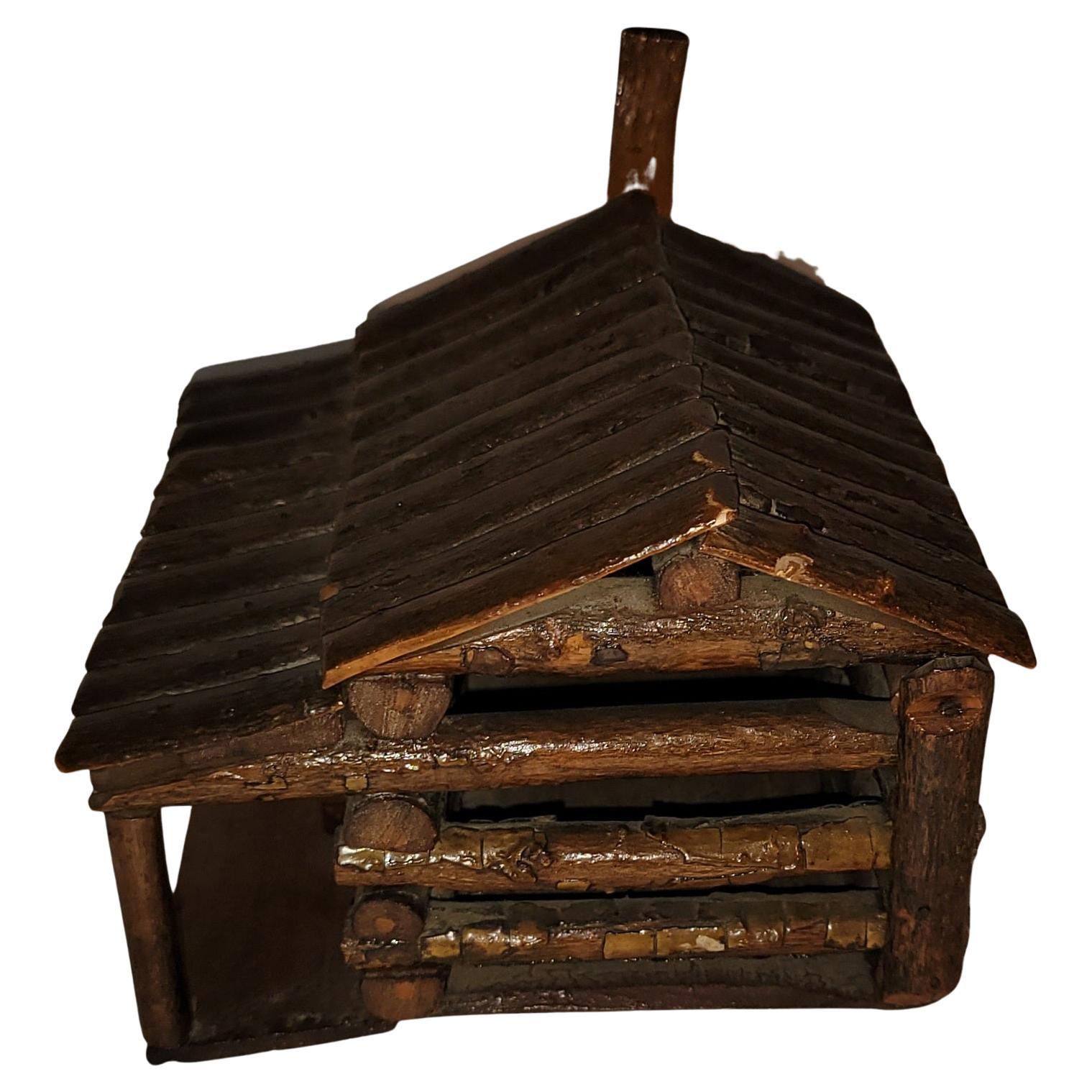 19th C. Old Hickory Miniature Log Cabin Playing Card Box In Good Condition In Los Angeles, CA