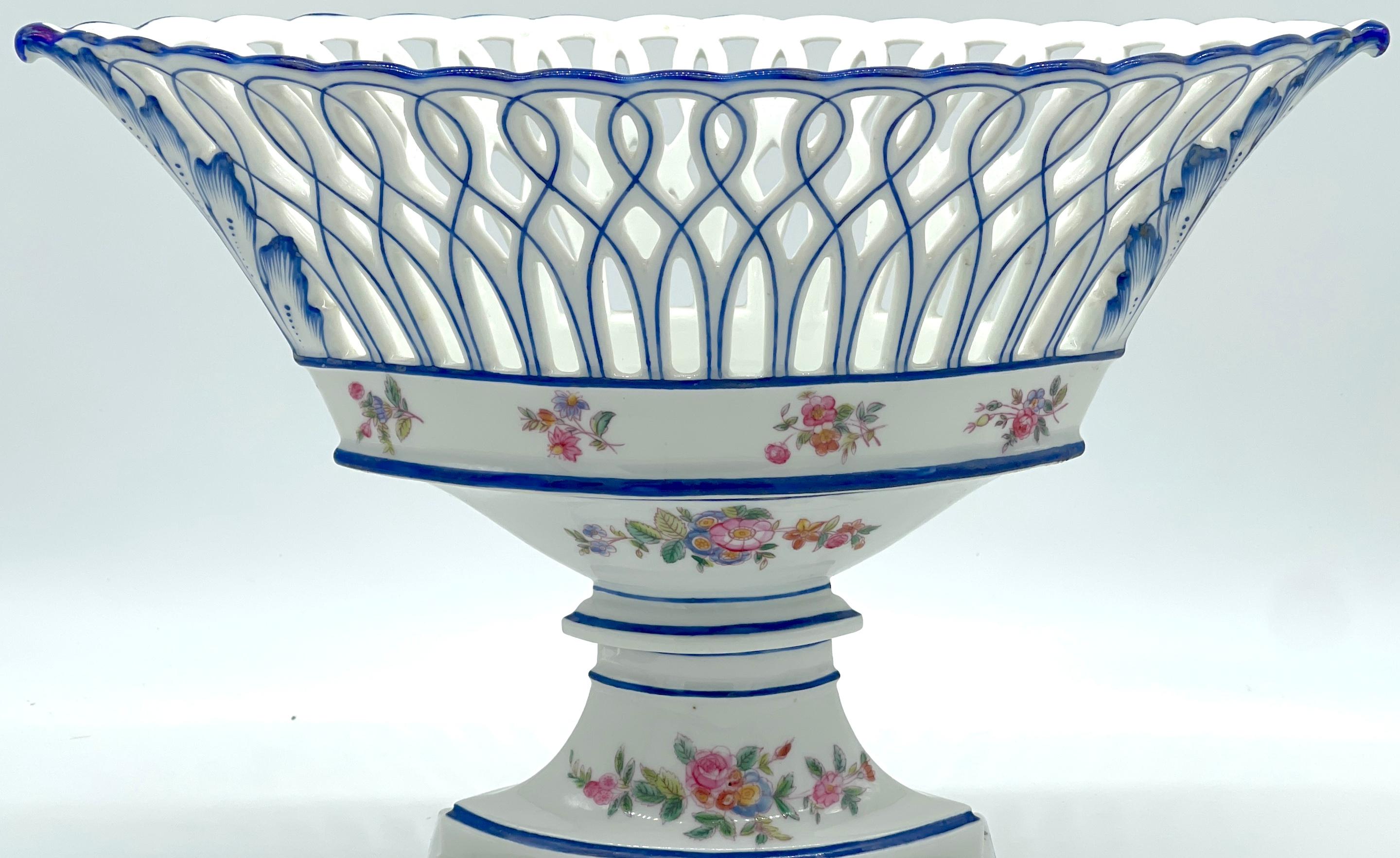 French 19th C. Old Paris Neoclassic Oval  Blue & White Floral Pedestal Centerpiece  For Sale