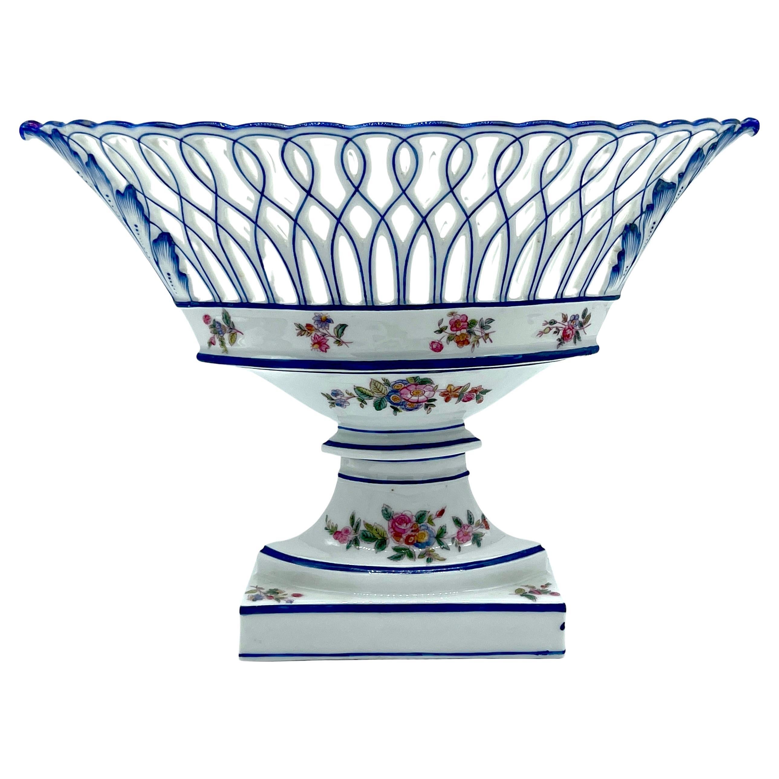 19th C. Old Paris Neoclassic Oval  Blue & White Floral Pedestal Centerpiece  For Sale