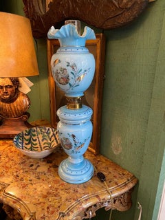 Blue Opaline Glass Side Table Mood Soft Light Lamp Vase Urn Form Decorative CA