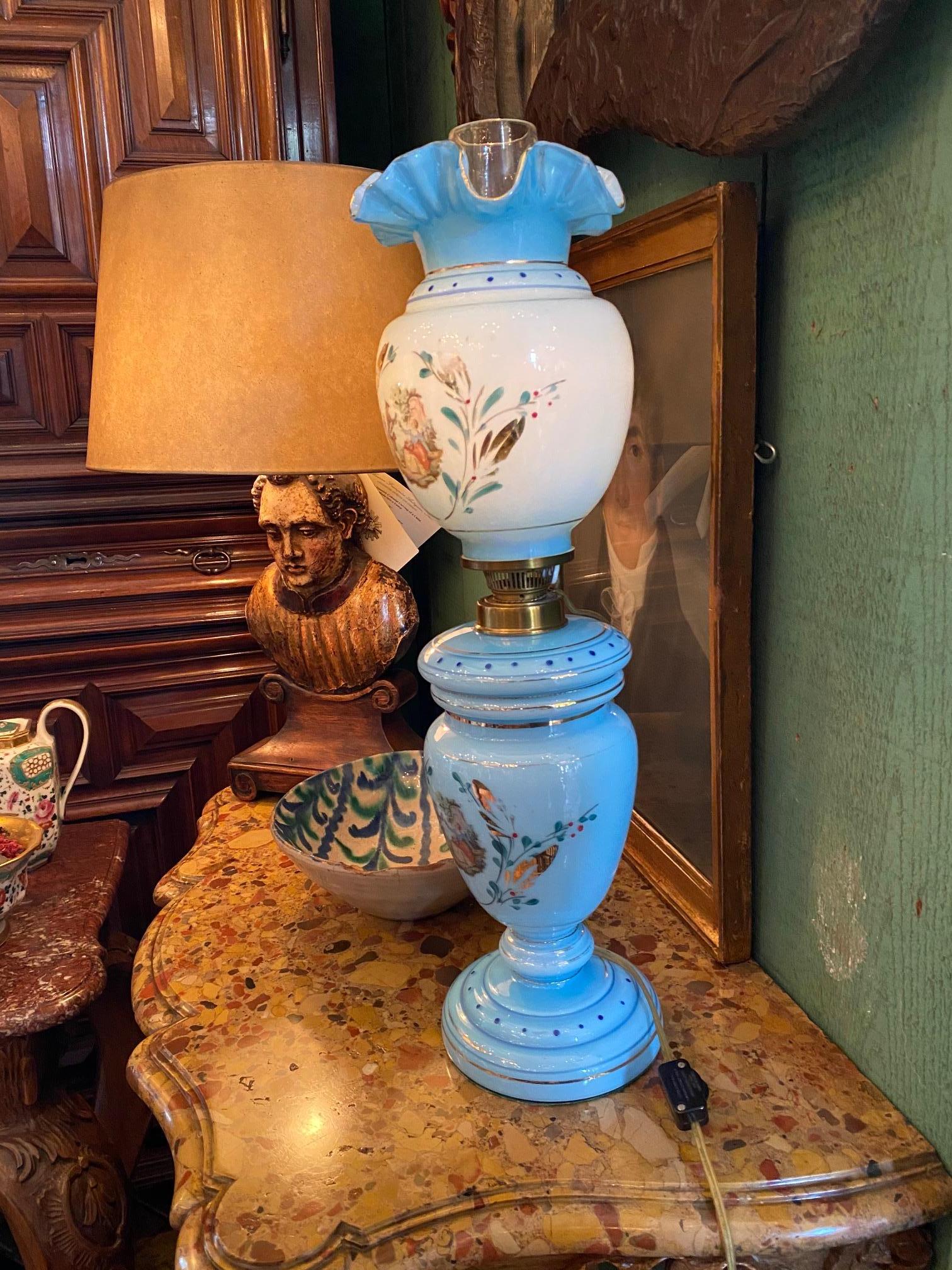 Charles X Blue Opaline Glass Side Table Mood Soft Light Lamp Vase Urn Form Decorative CA For Sale