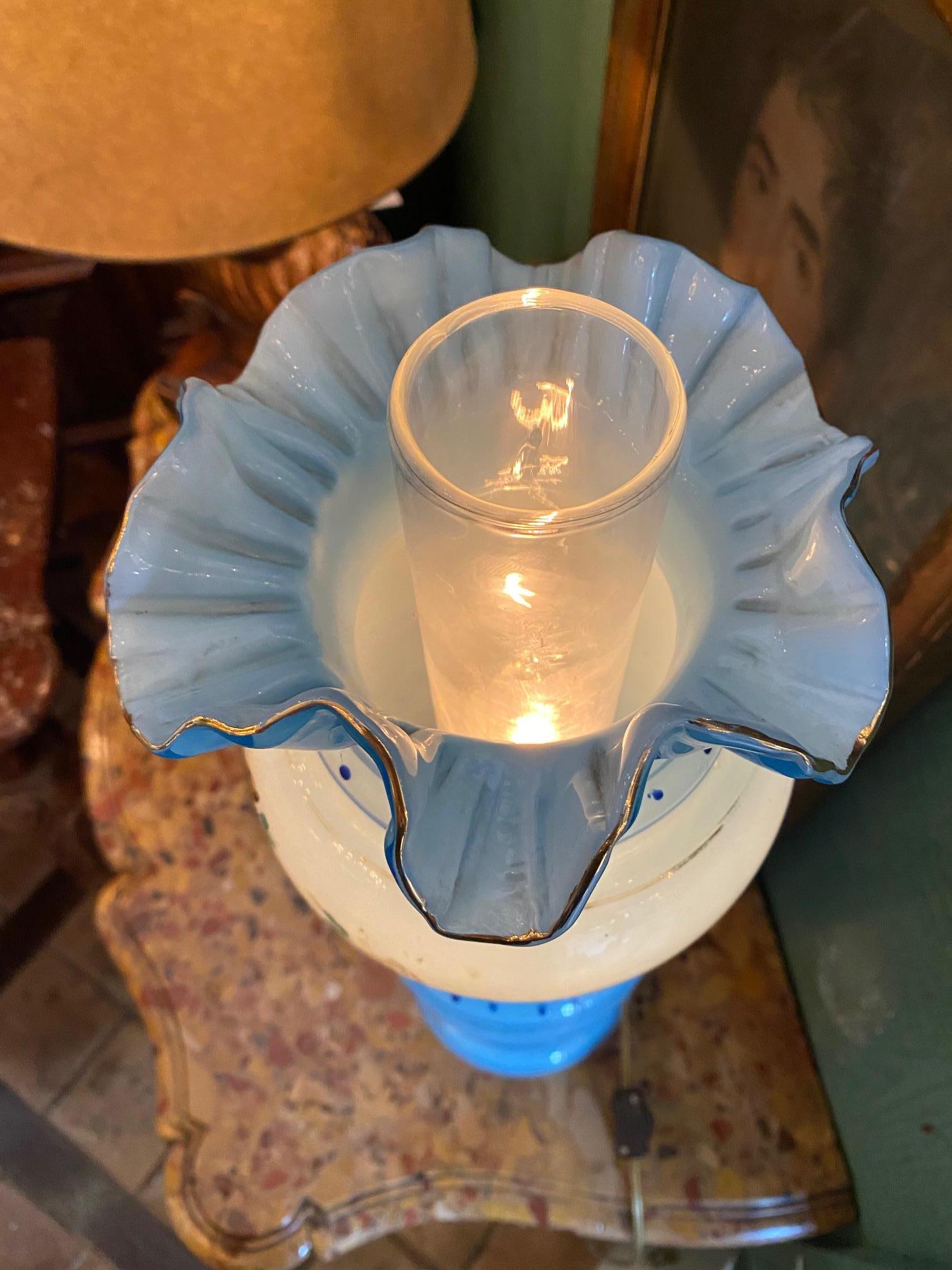 French Blue Opaline Glass Side Table Mood Soft Light Lamp Vase Urn Form Decorative CA For Sale