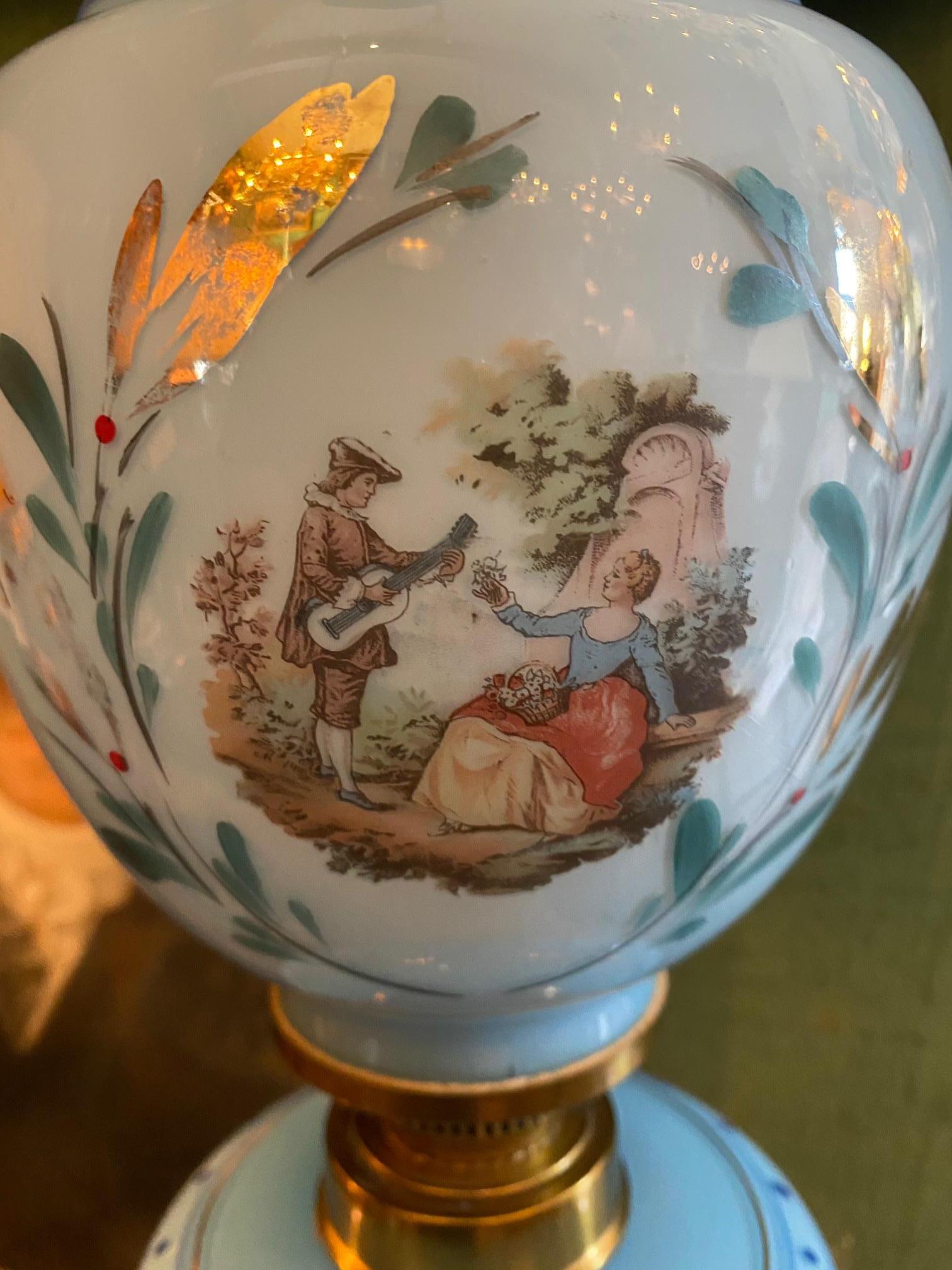 19th Century Blue Opaline Glass Side Table Mood Soft Light Lamp Vase Urn Form Decorative CA For Sale