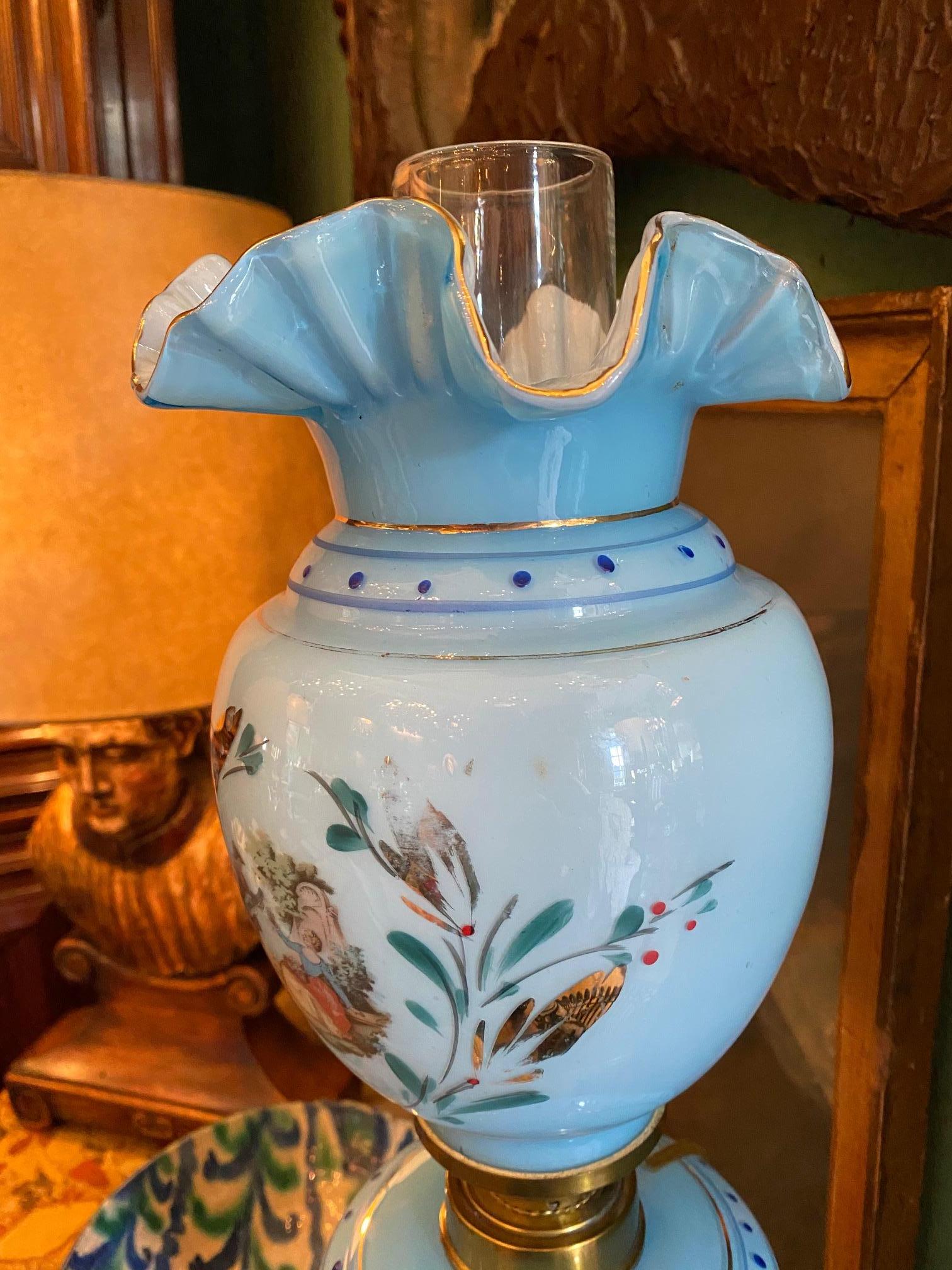 Bronze Blue Opaline Glass Side Table Mood Soft Light Lamp Vase Urn Form Decorative CA For Sale