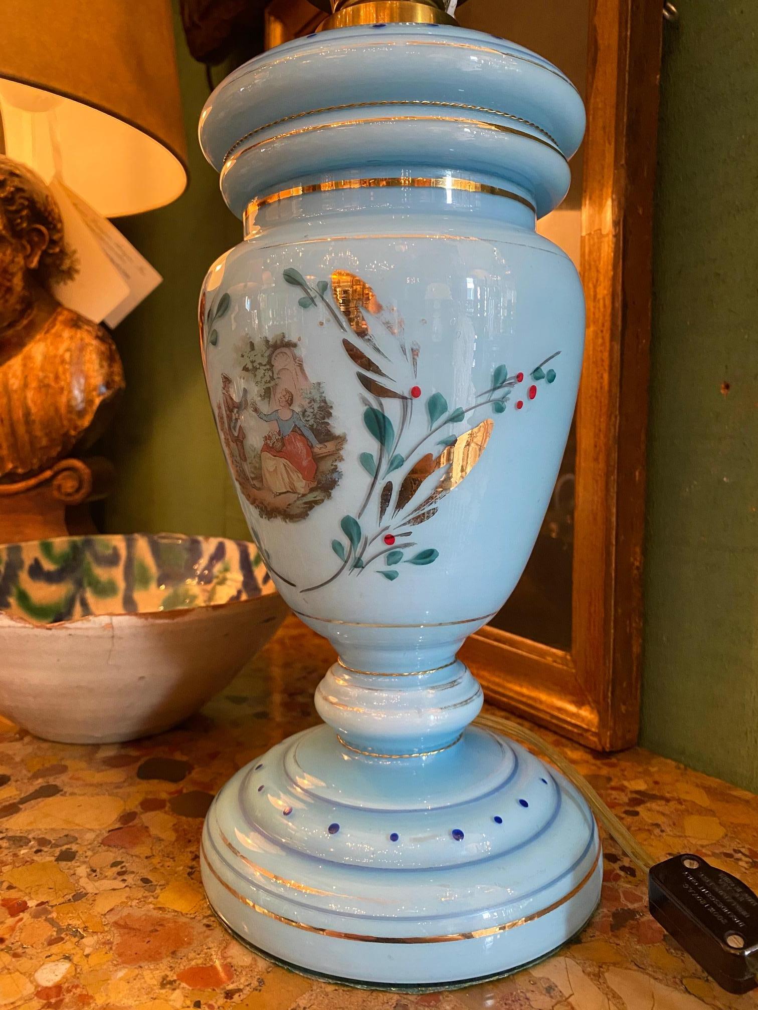 Blue Opaline Glass Side Table Mood Soft Light Lamp Vase Urn Form Decorative CA For Sale 1