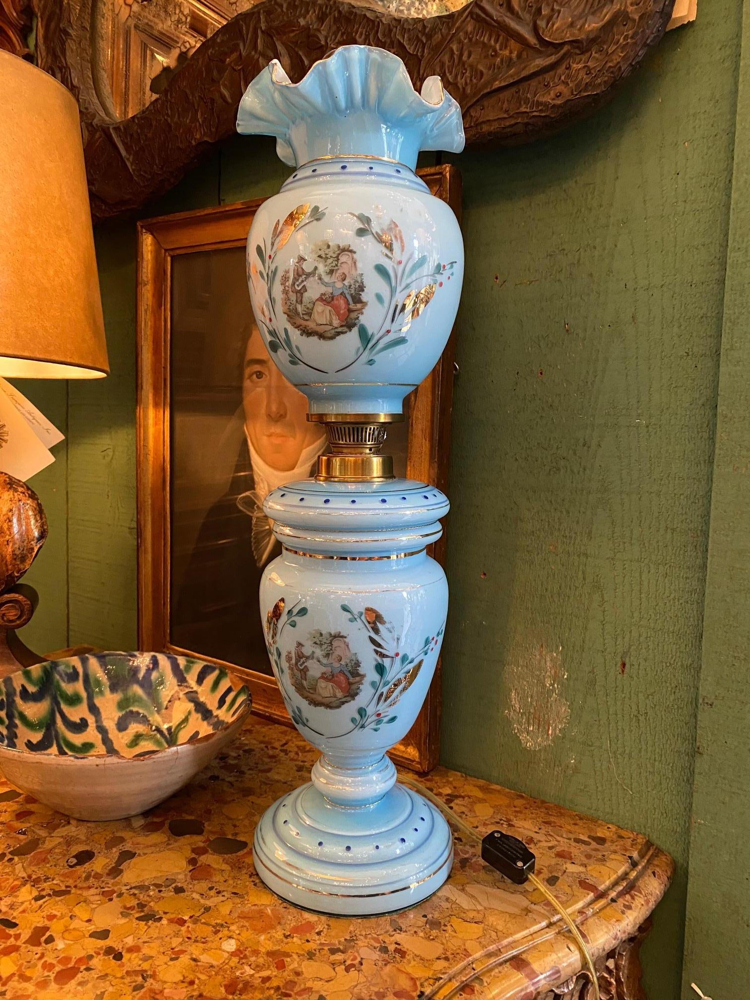 Blue Opaline Glass Side Table Mood Soft Light Lamp Vase Urn Form Decorative CA For Sale 2