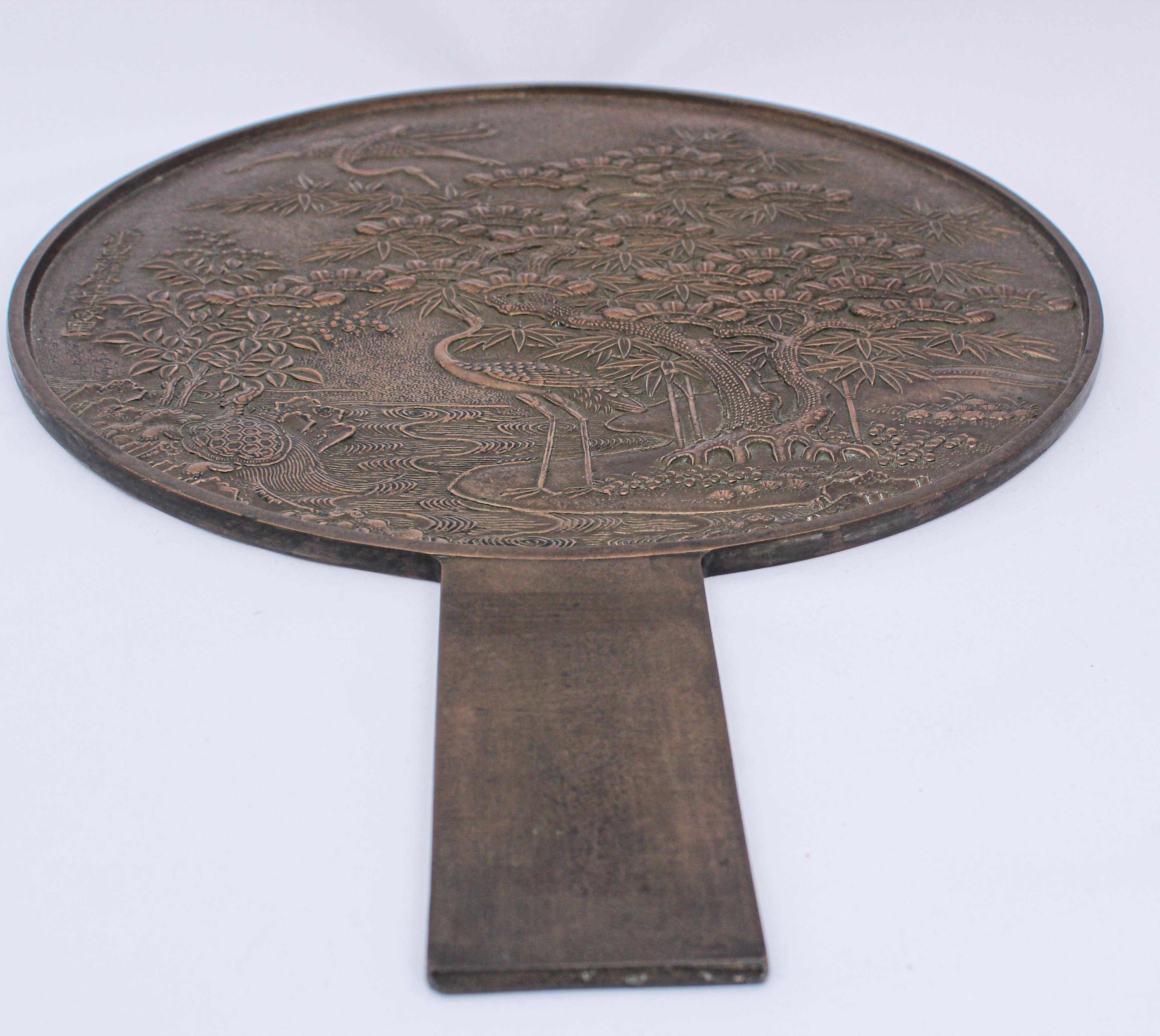 19th Century Oriental Bronze Japanese Kagami Handled Mirror For Sale 6