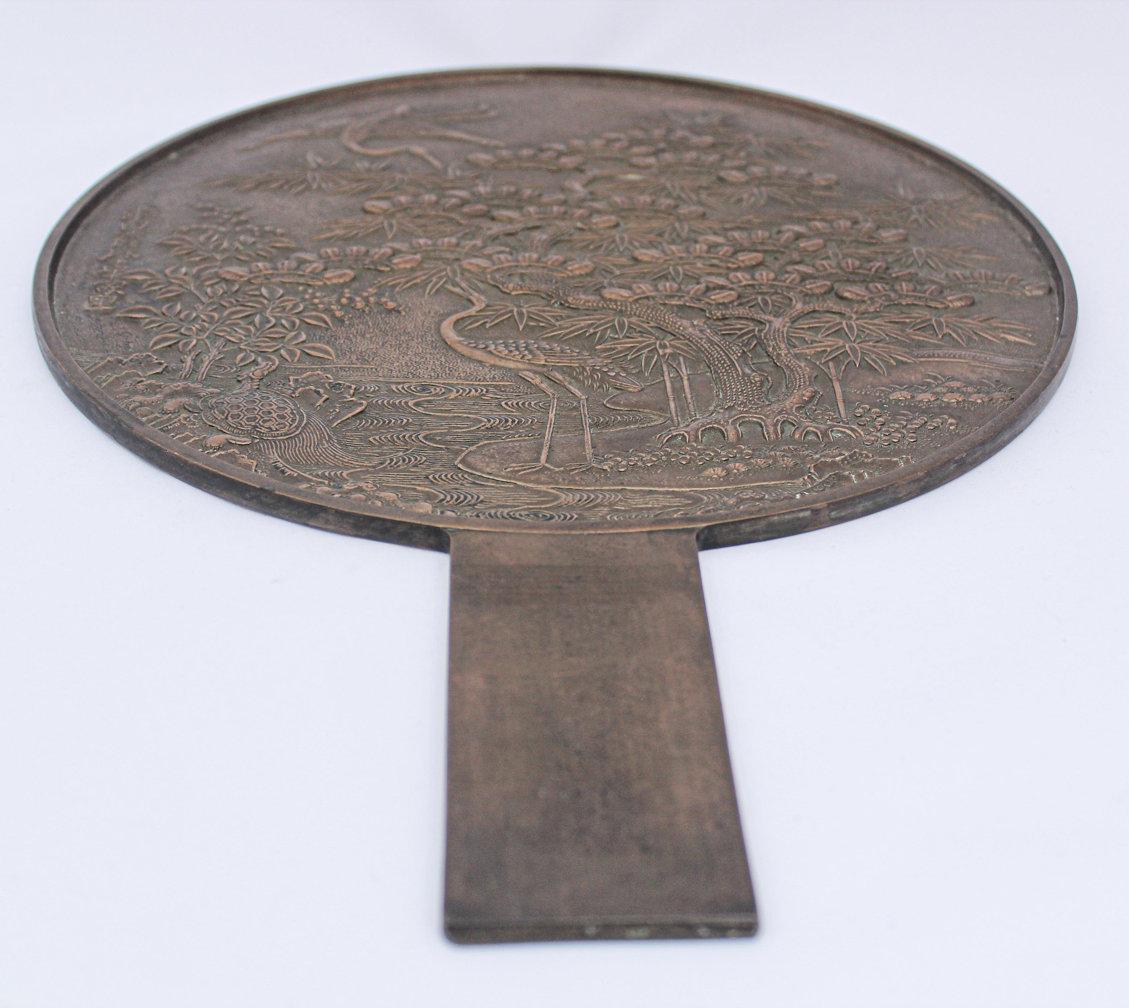 19th Century Oriental Bronze Japanese Kagami Handled Mirror For Sale 1