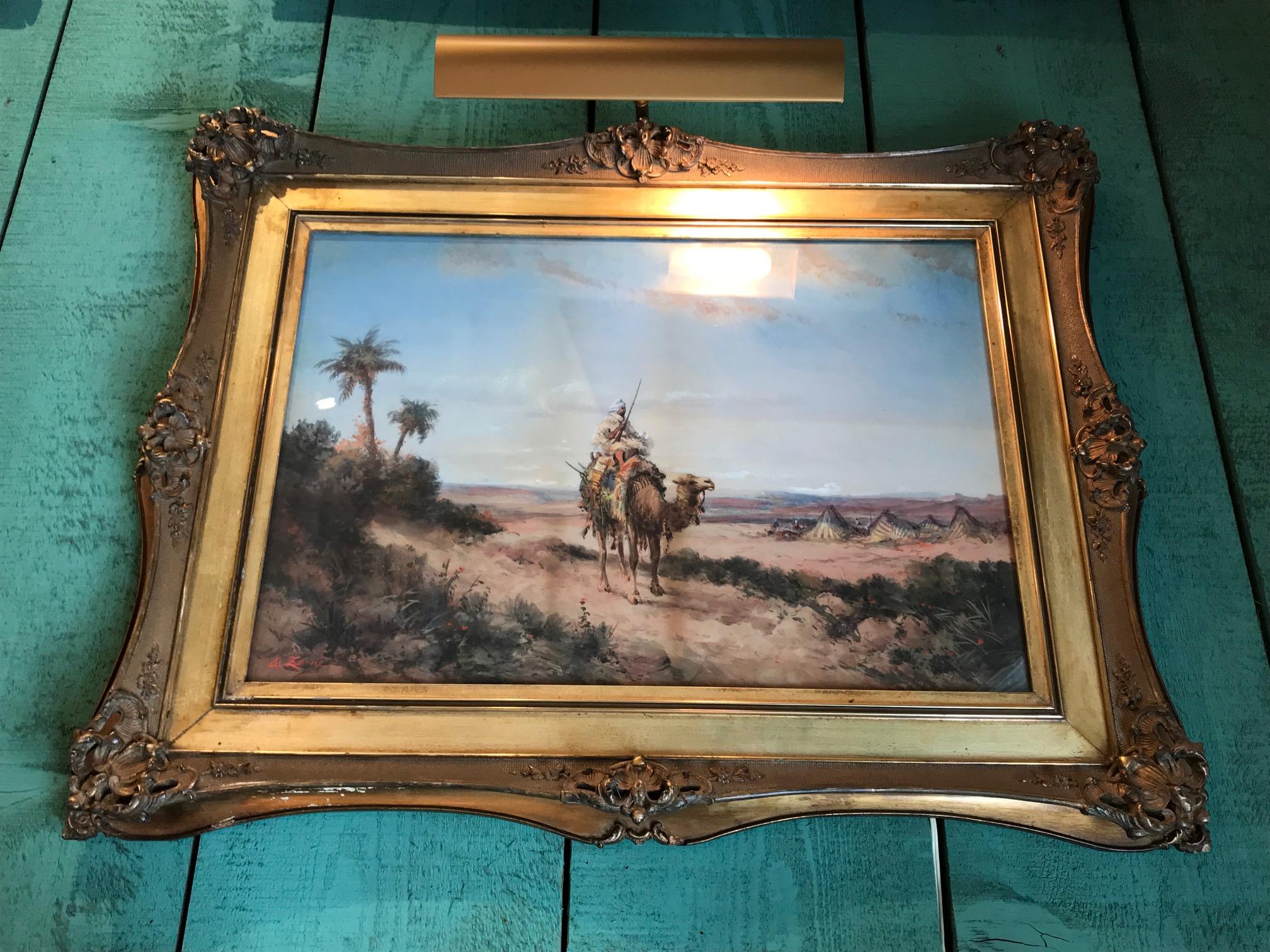 19th C. Orientalist Painting Pastel Arab and Camel, desert landscape fauna Flora . Beautiful and fine 19th century orientalist Pastel painting of an Arab Man with his camel traveling in the desert looking into the pink glow of the sun. In gilt