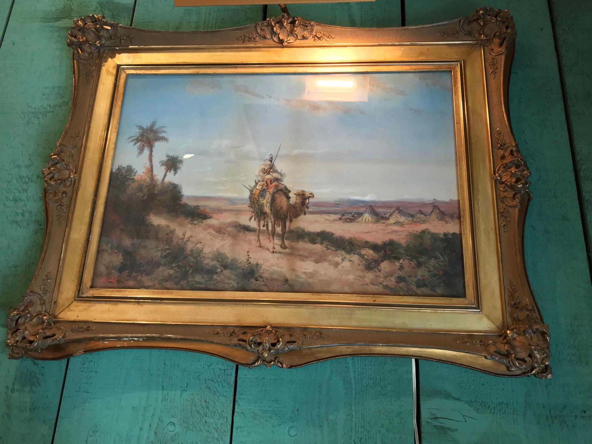 19th C. Orientalist Painting Pastel Arab and Camel, desert landscape fauna Flora In Good Condition For Sale In West Hollywood, CA