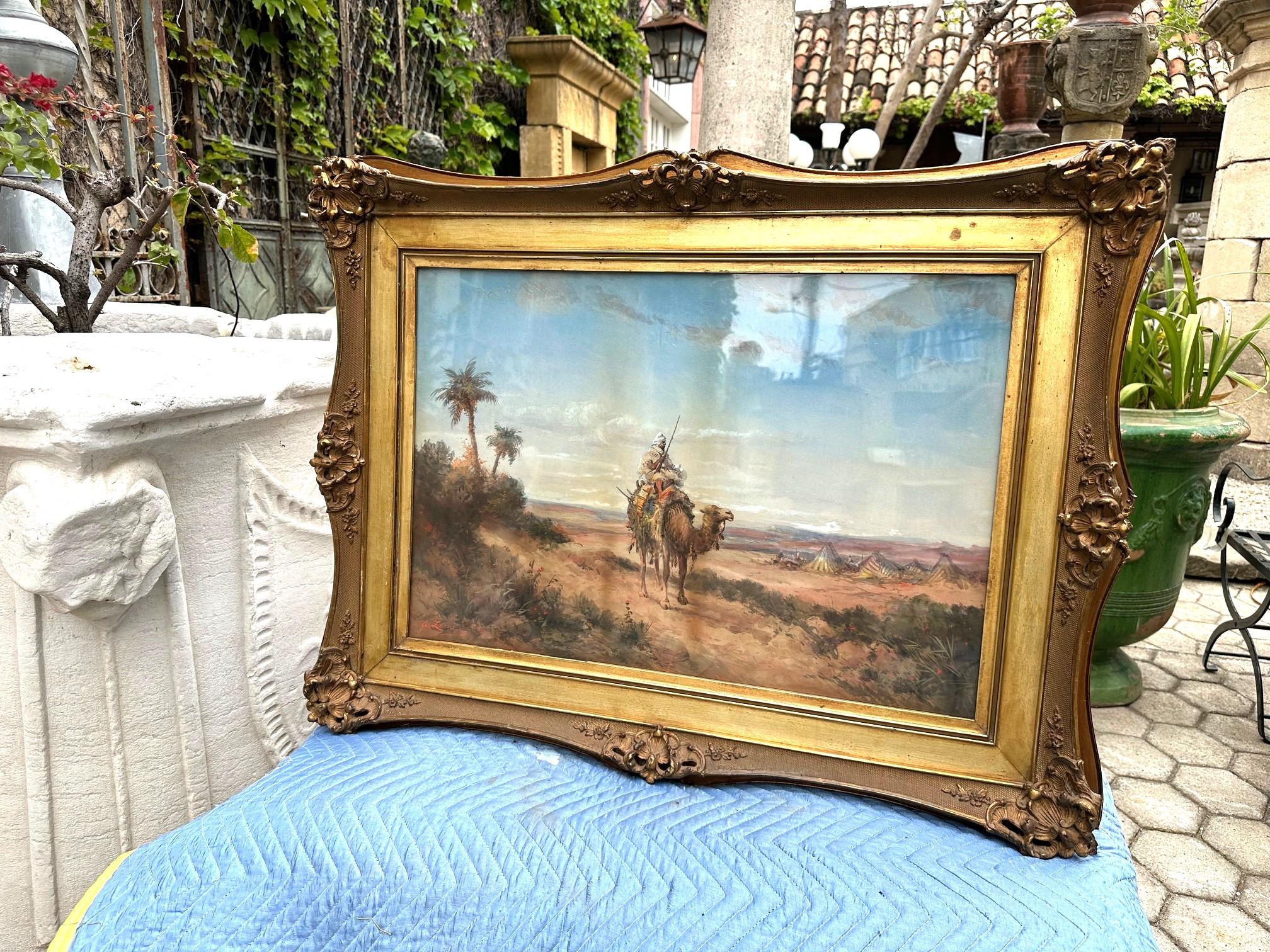 Wood 19th C. Orientalist Painting Pastel Arab and Camel, desert landscape fauna Flora For Sale