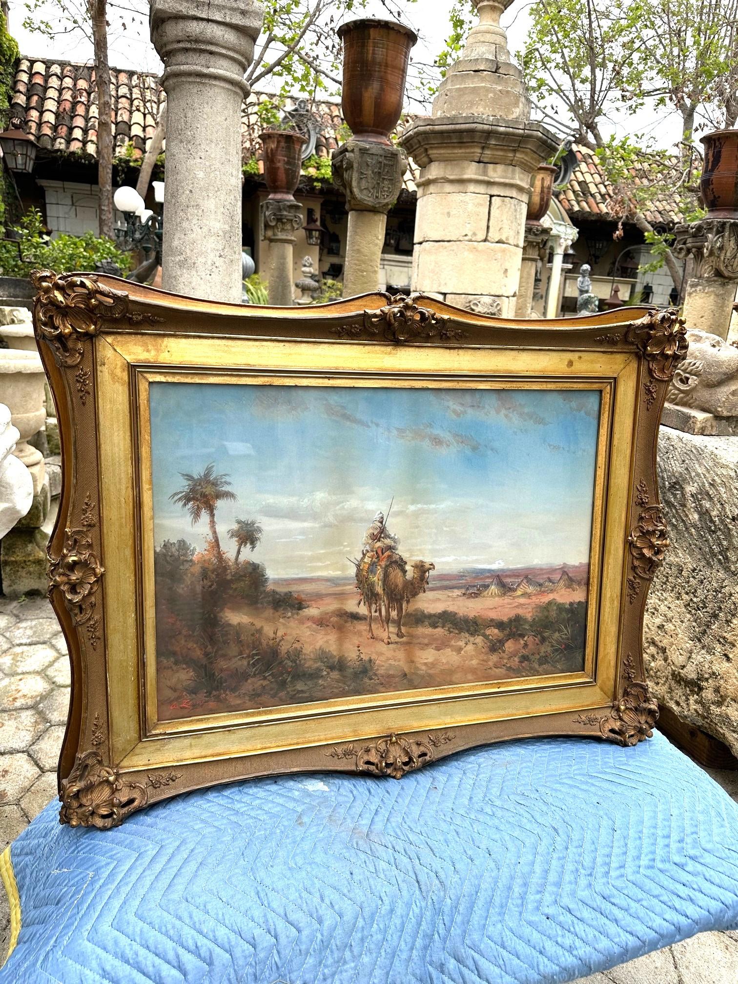 19th C. Orientalist Painting Pastel Arab and Camel, desert landscape fauna Flora For Sale 1