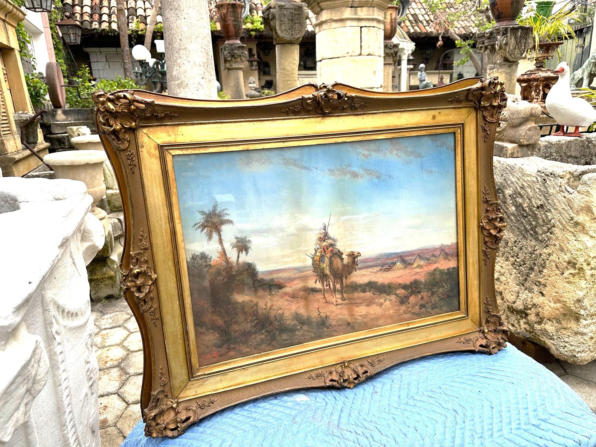19th C. Orientalist Painting Pastel Arab and Camel, desert landscape fauna Flora For Sale 2