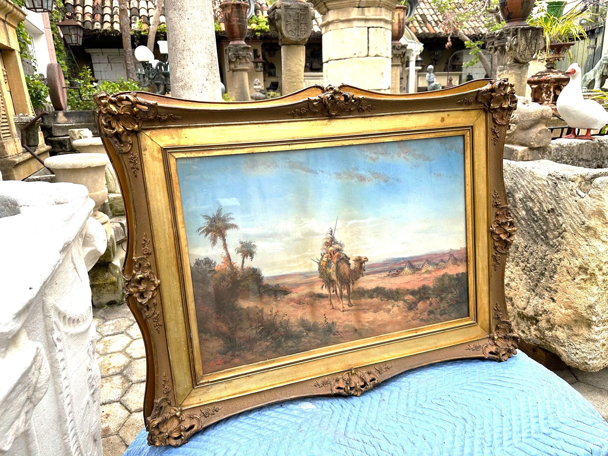 C.C. Peinture orientaliste au pastel Arabes et chameaux, paysage du désert faune Flore en vente 1