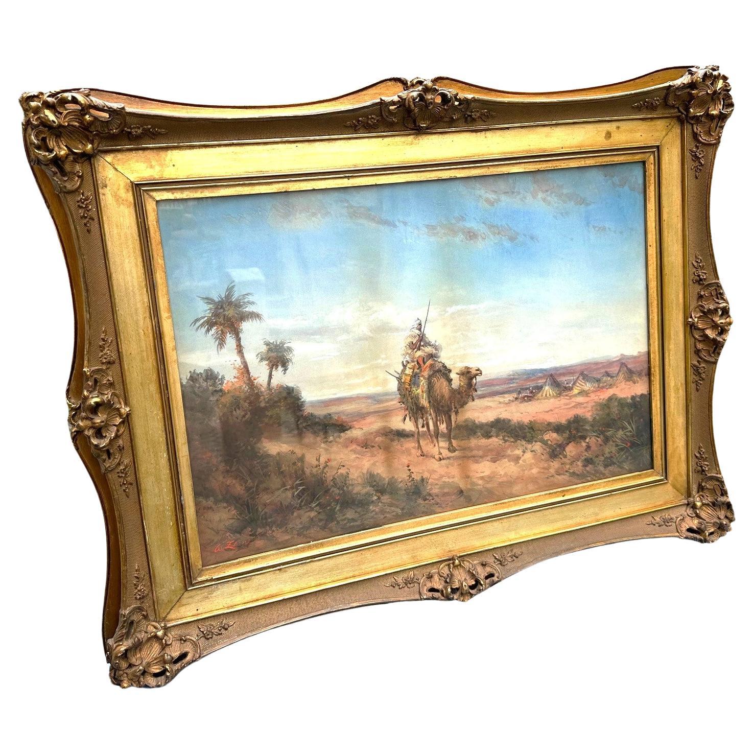 19th C. Orientalist Painting Pastel Arab and Camel, desert landscape fauna Flora For Sale