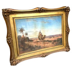 Vintage 19th C. Orientalist Painting Pastel Arab and Camel, desert landscape fauna Flora