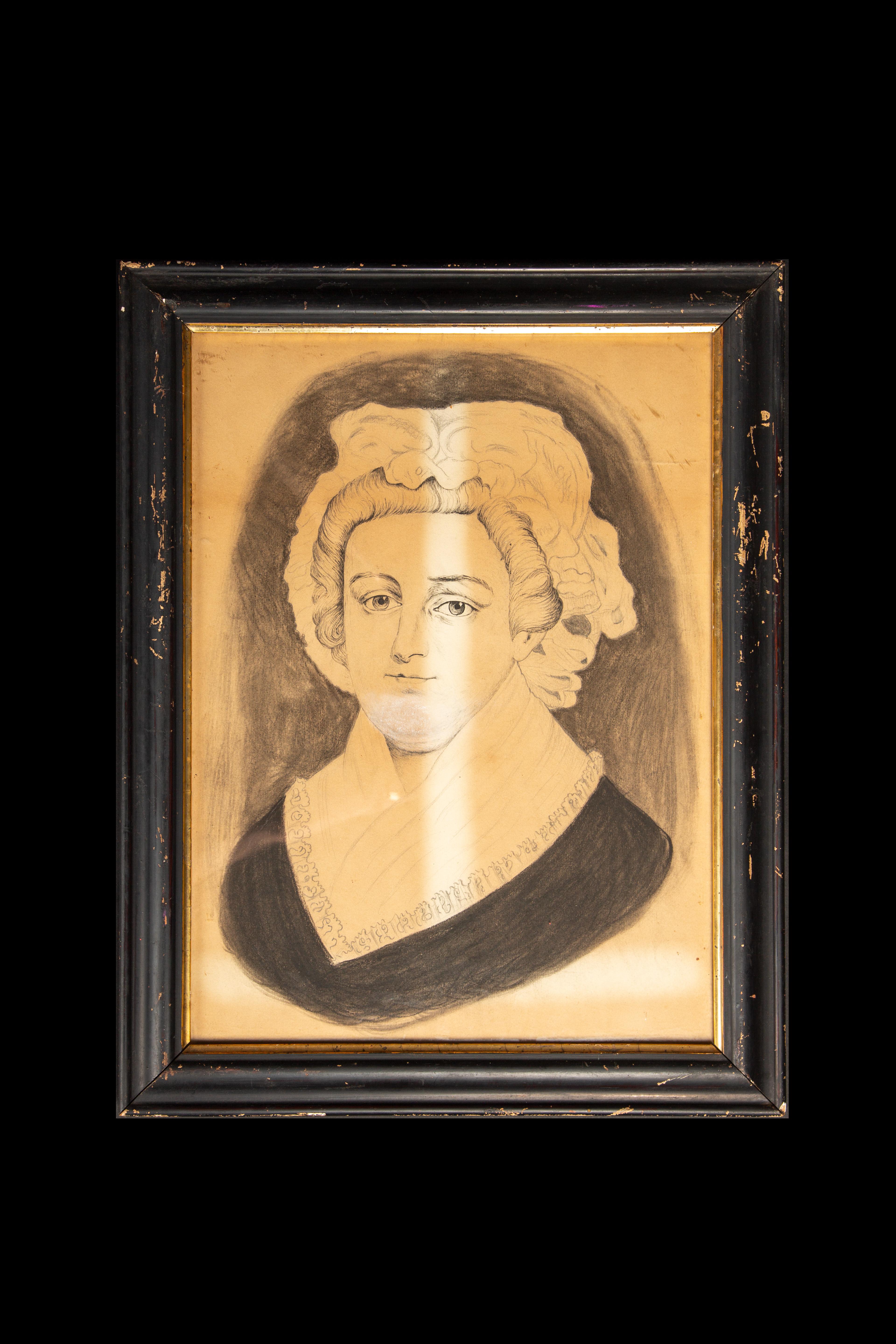  Exquisite 19th-century original framed charcoal portrait capturing the timeless elegance of George and Martha Washington. Skillfully rendered, these drawings evoke the grace and dignity of the iconic first couple of the United States, exuding a