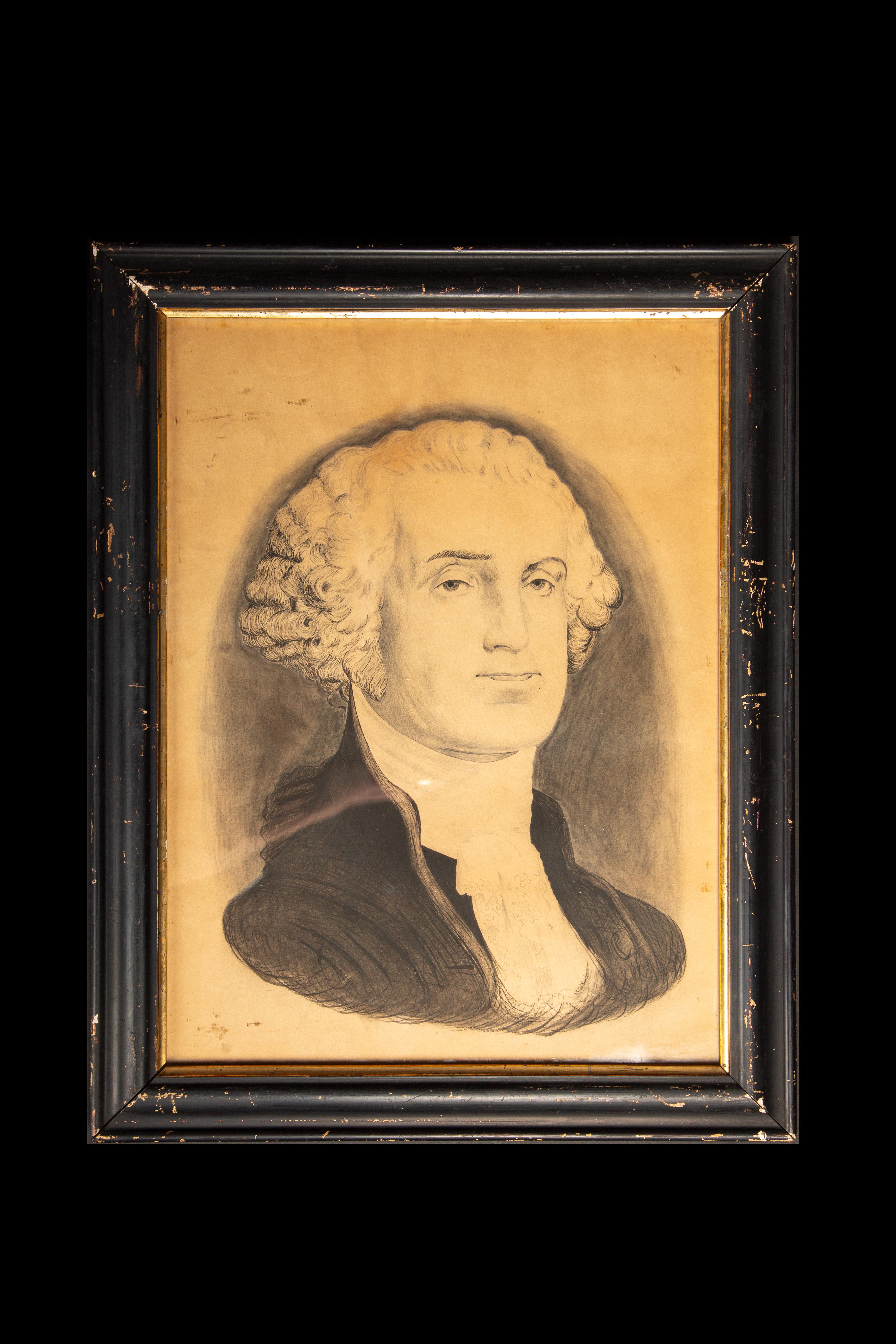 American Colonial 19th C. Original Framed Charcoal of George & Martha Washington Drawings For Sale