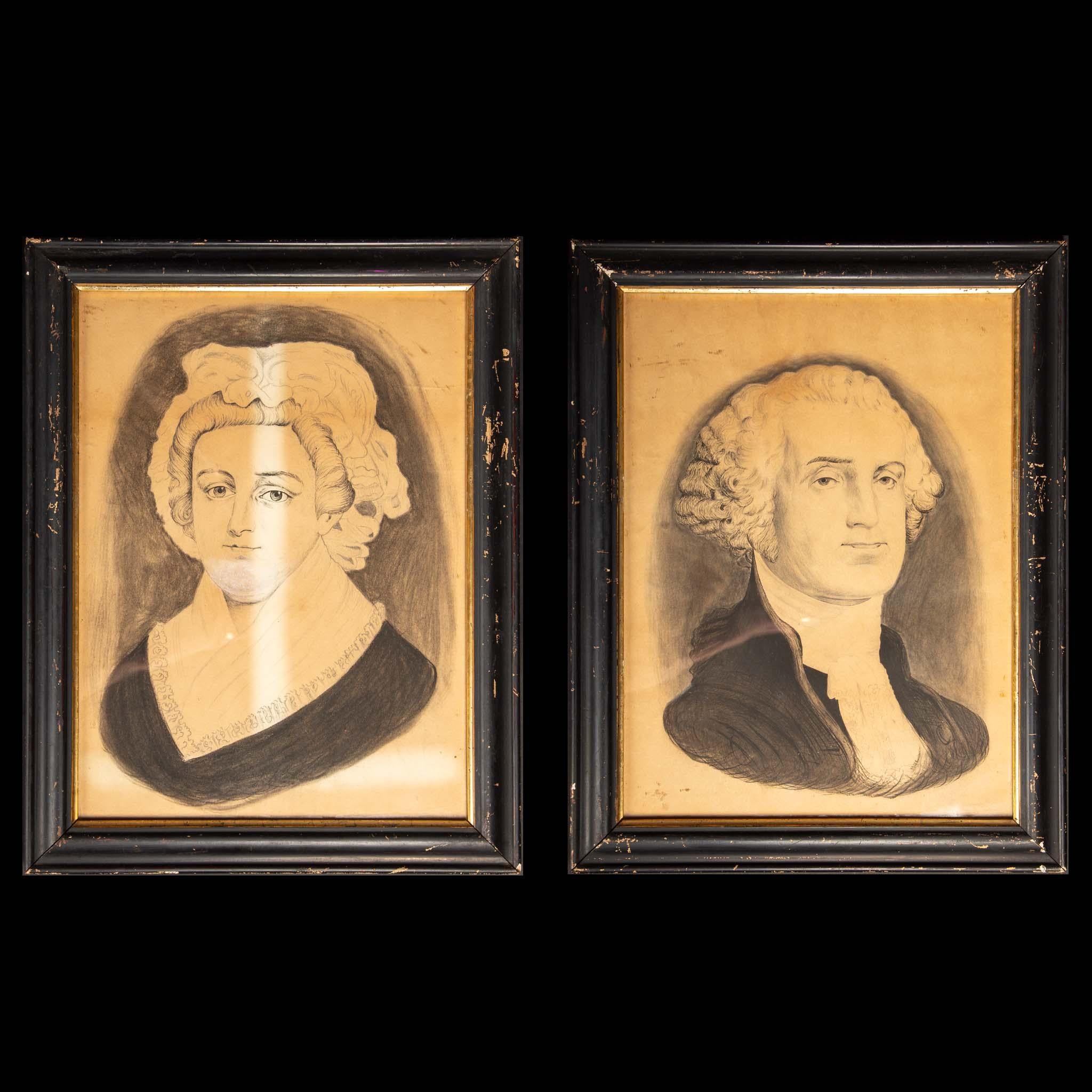 Fusain d'origine encadré des dessins de George et Martha Washington du 19e siècle en vente 2