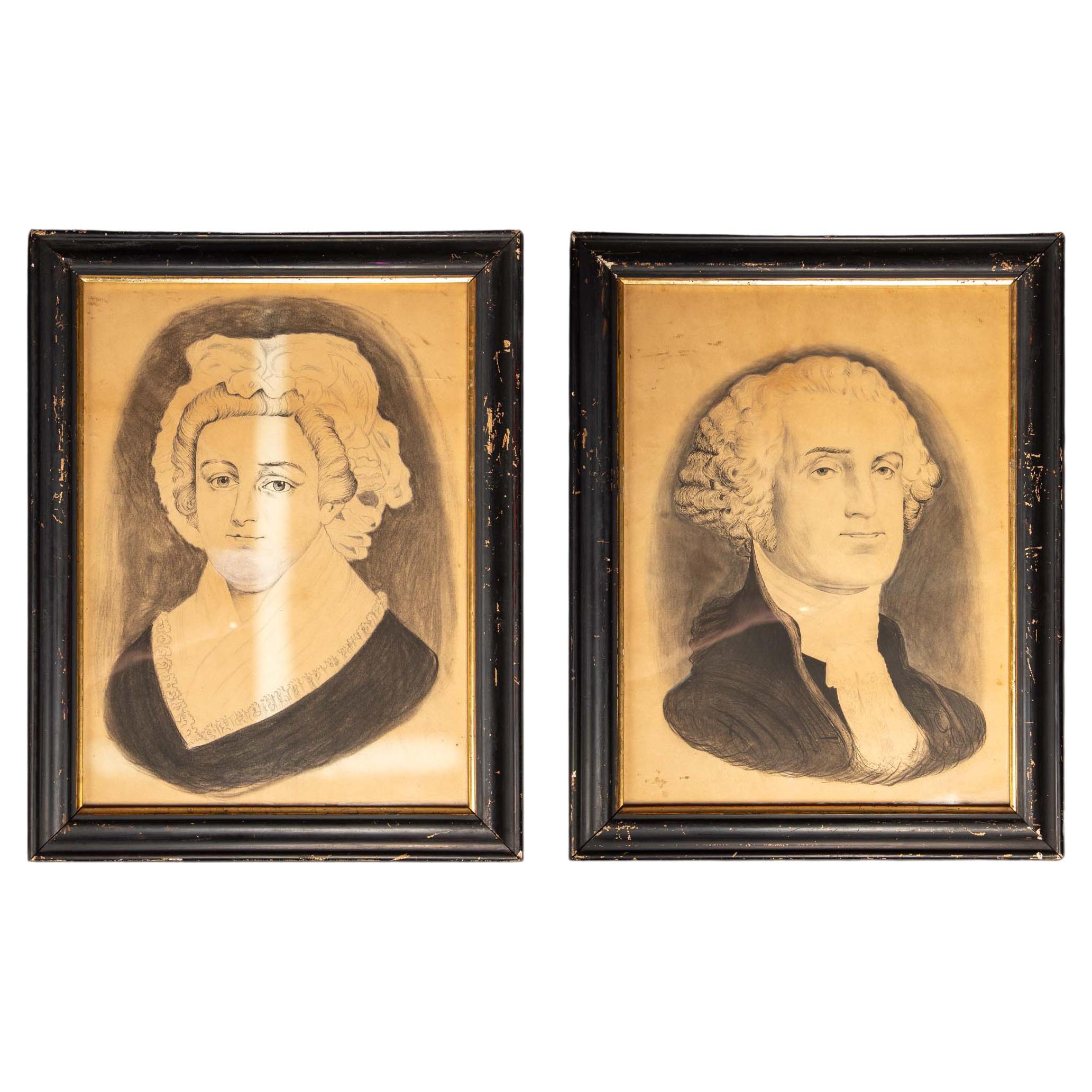 Fusain d'origine encadré des dessins de George et Martha Washington du 19e siècle