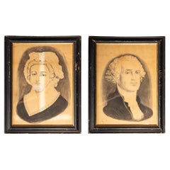 Fusain d'origine encadré des dessins de George et Martha Washington du 19e siècle