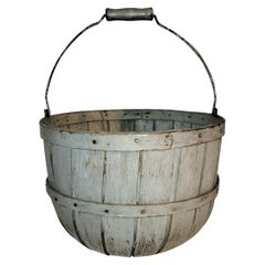 19th C Original Gray Painted Slatted Fruit Basket W/Wire Handle