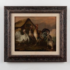 19th C. Original Oil on Canvas Painting of Barnyard Hens & Rooster, Portugal