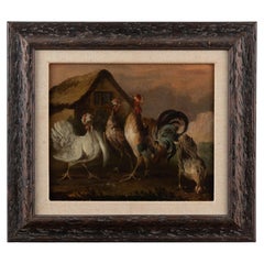 19th C. Original Oil on Canvas Painting of Barnyard Hens & Rooster, Portugal