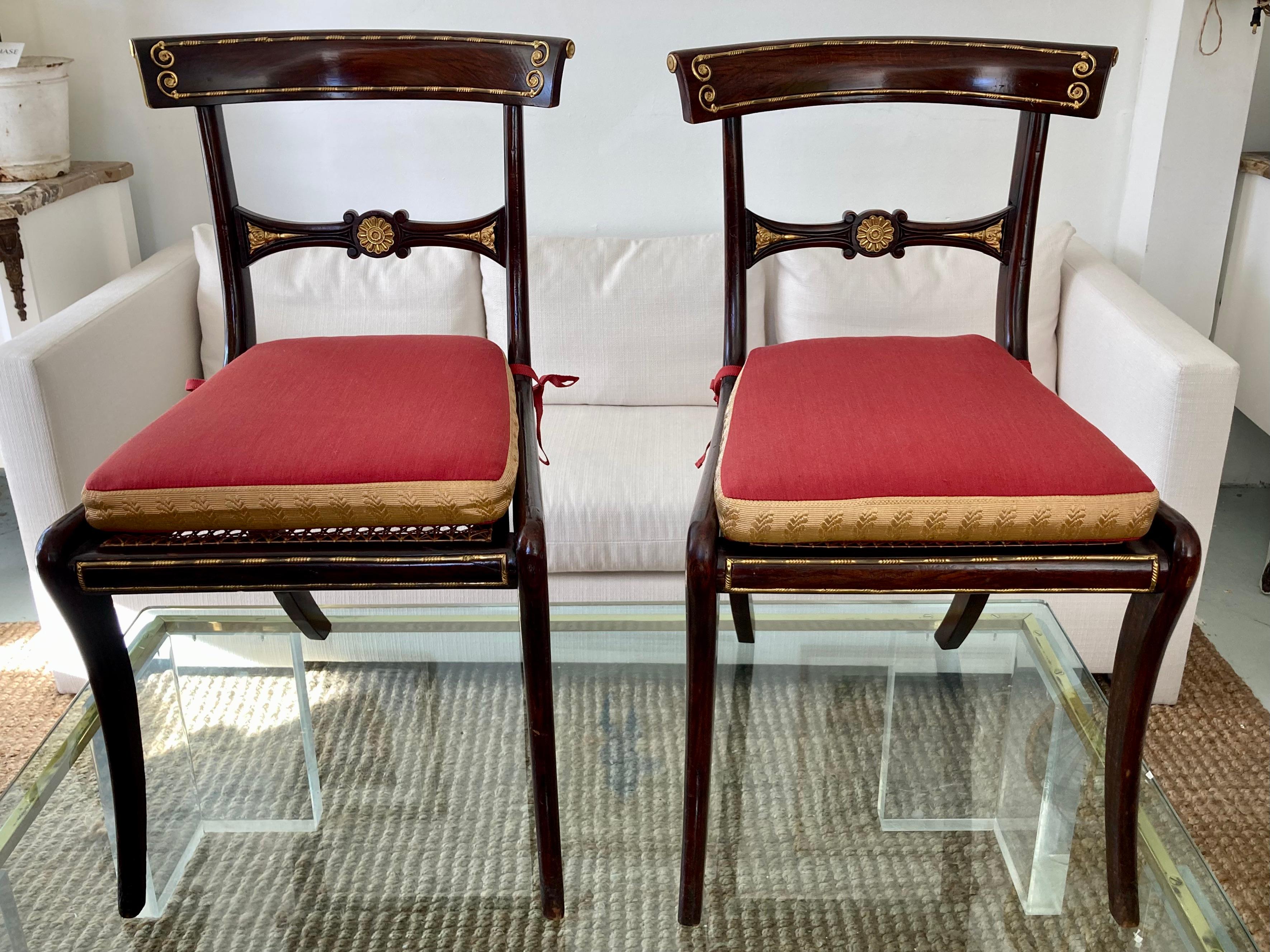 English 19th C Ormolu Inset Regency Chairs With Red Cushions and Gold Metal, Set of 8 For Sale