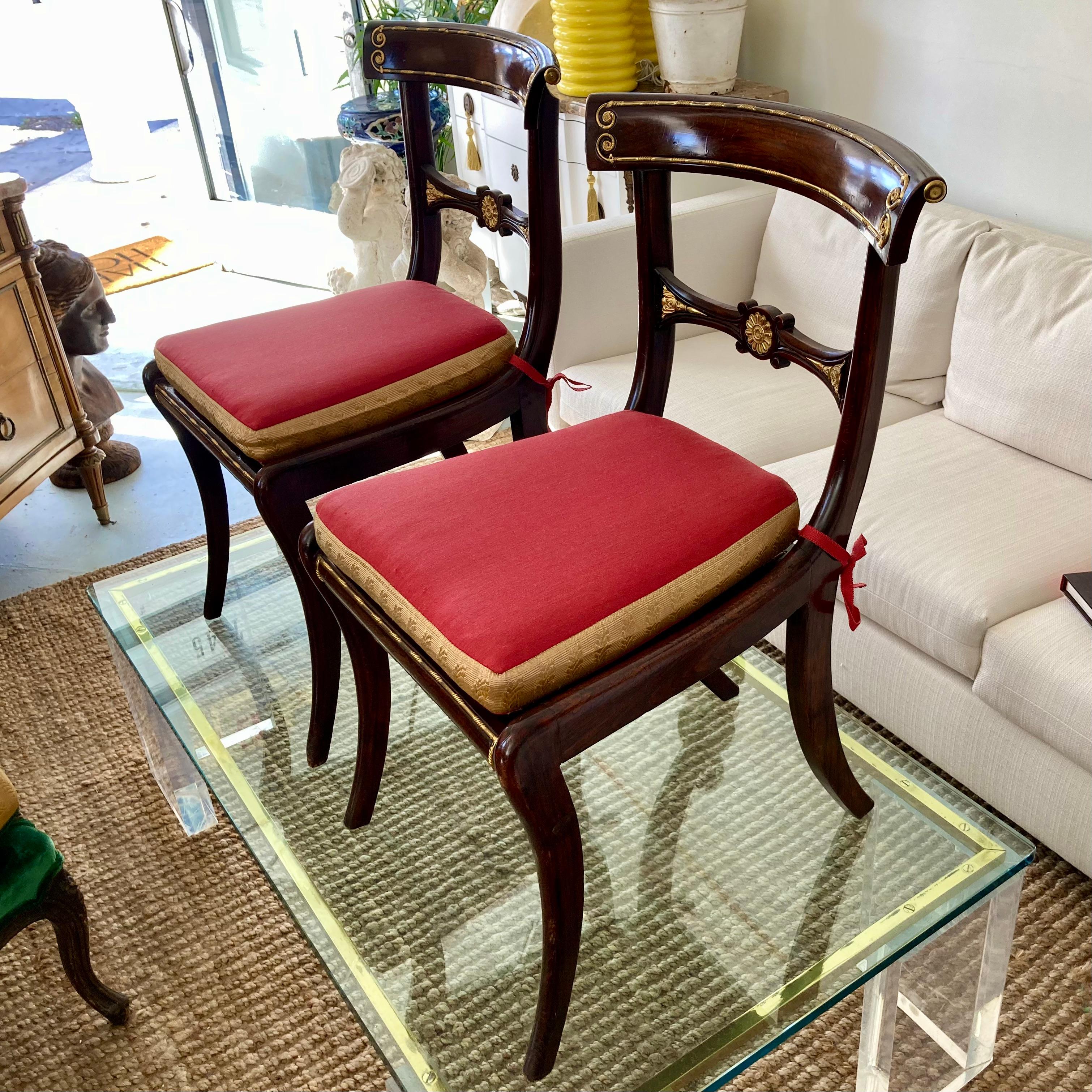 19th C Ormolu Inset Regency Chairs With Red Cushions and Gold Metal, Set of 8 For Sale 1