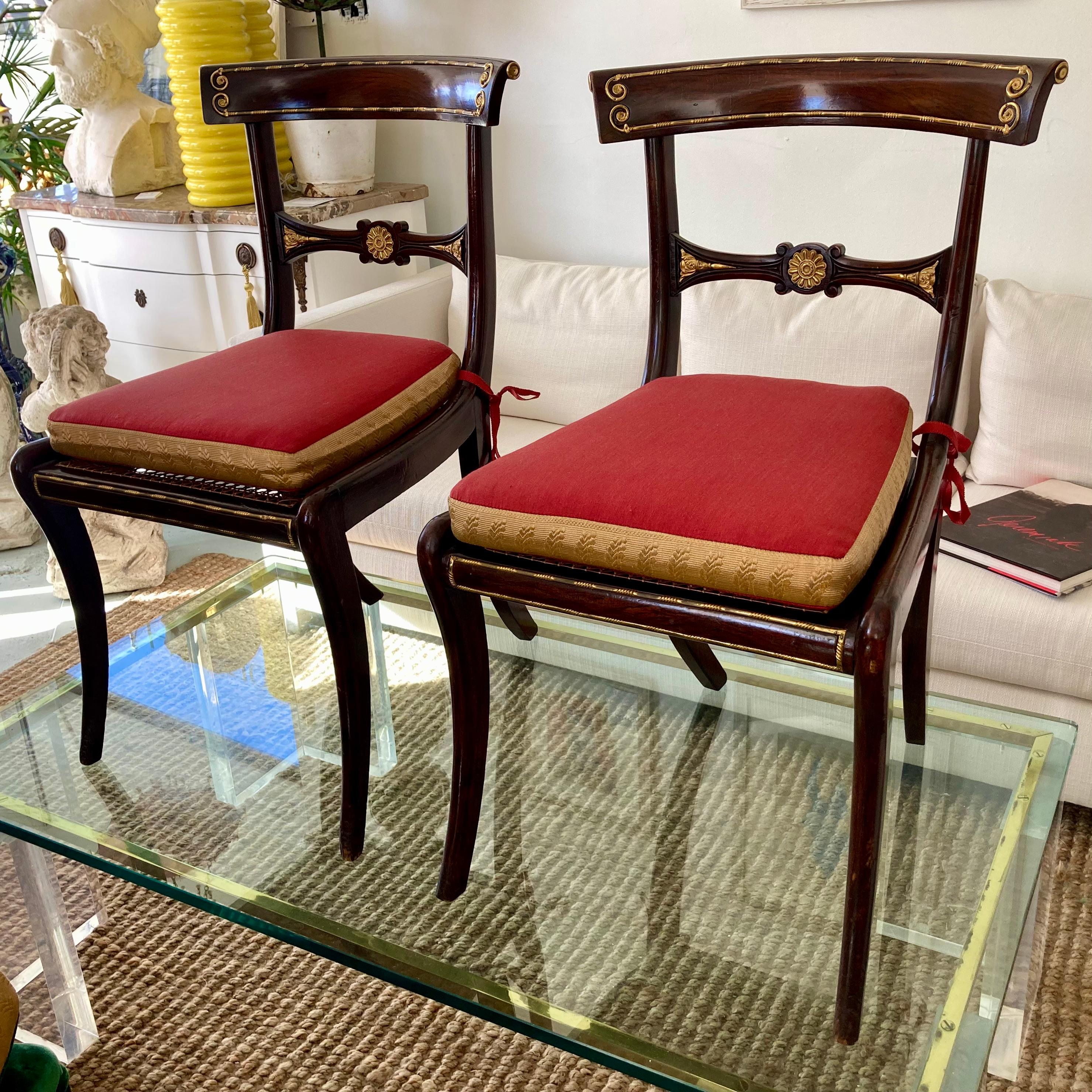 19th C Ormolu Inset Regency Chairs With Red Cushions and Gold Metal, Set of 8 For Sale 2