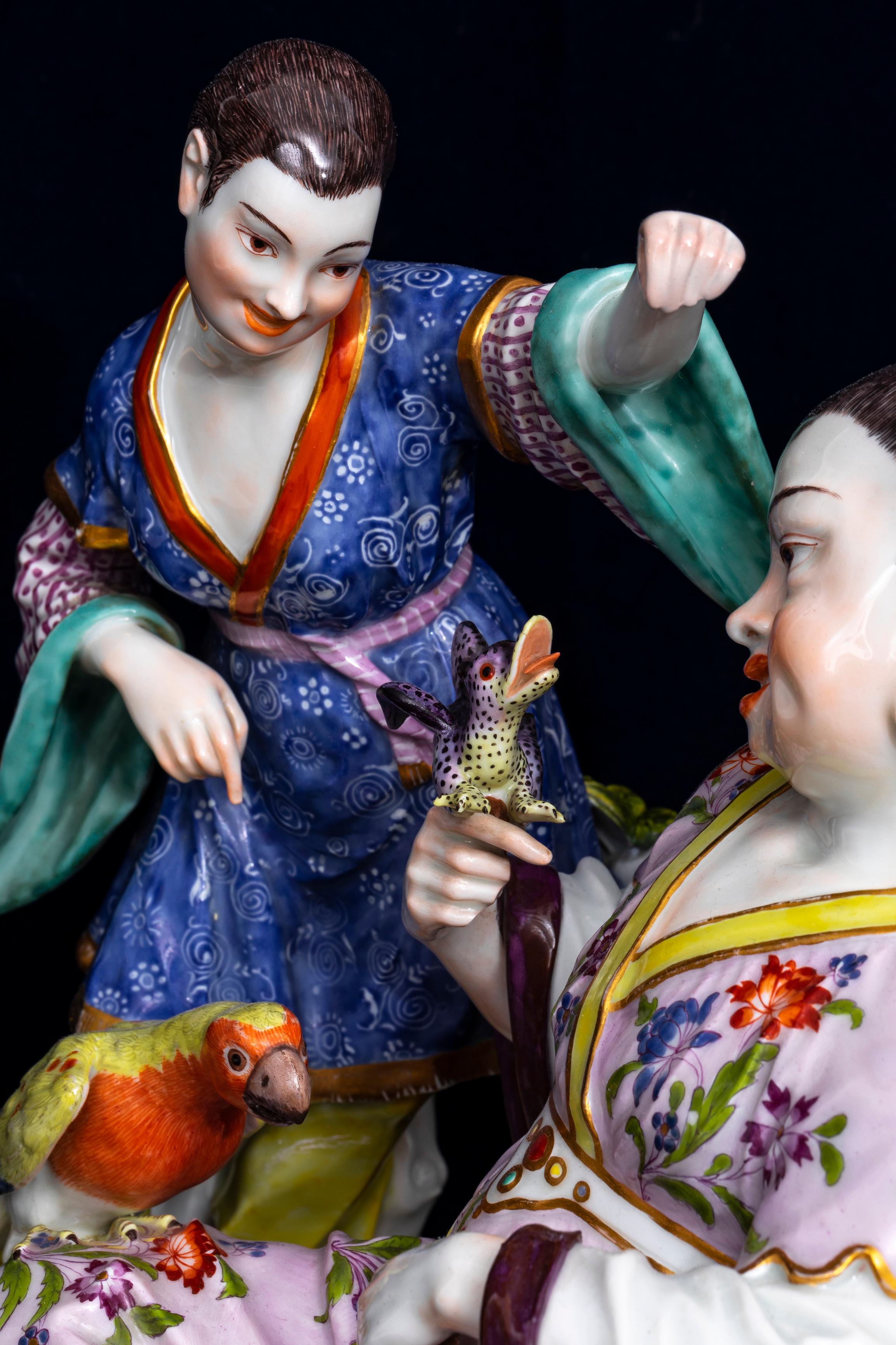 19th C. Ormolu Mounted Meissen Porcelain Chinoiserie Group w/ Parrot and Dragon 7