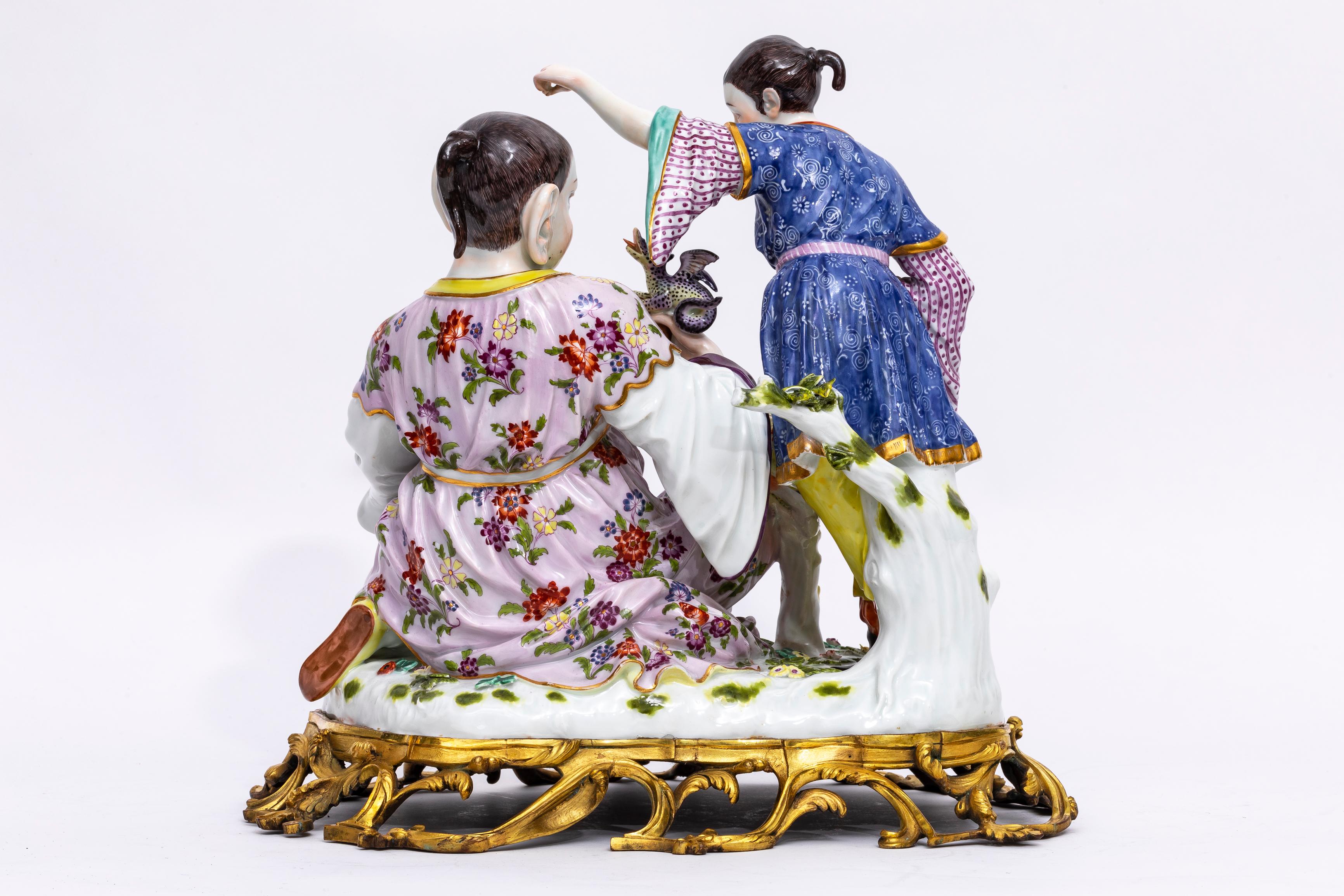 German 19th C. Ormolu Mounted Meissen Porcelain Chinoiserie Group w/ Parrot and Dragon
