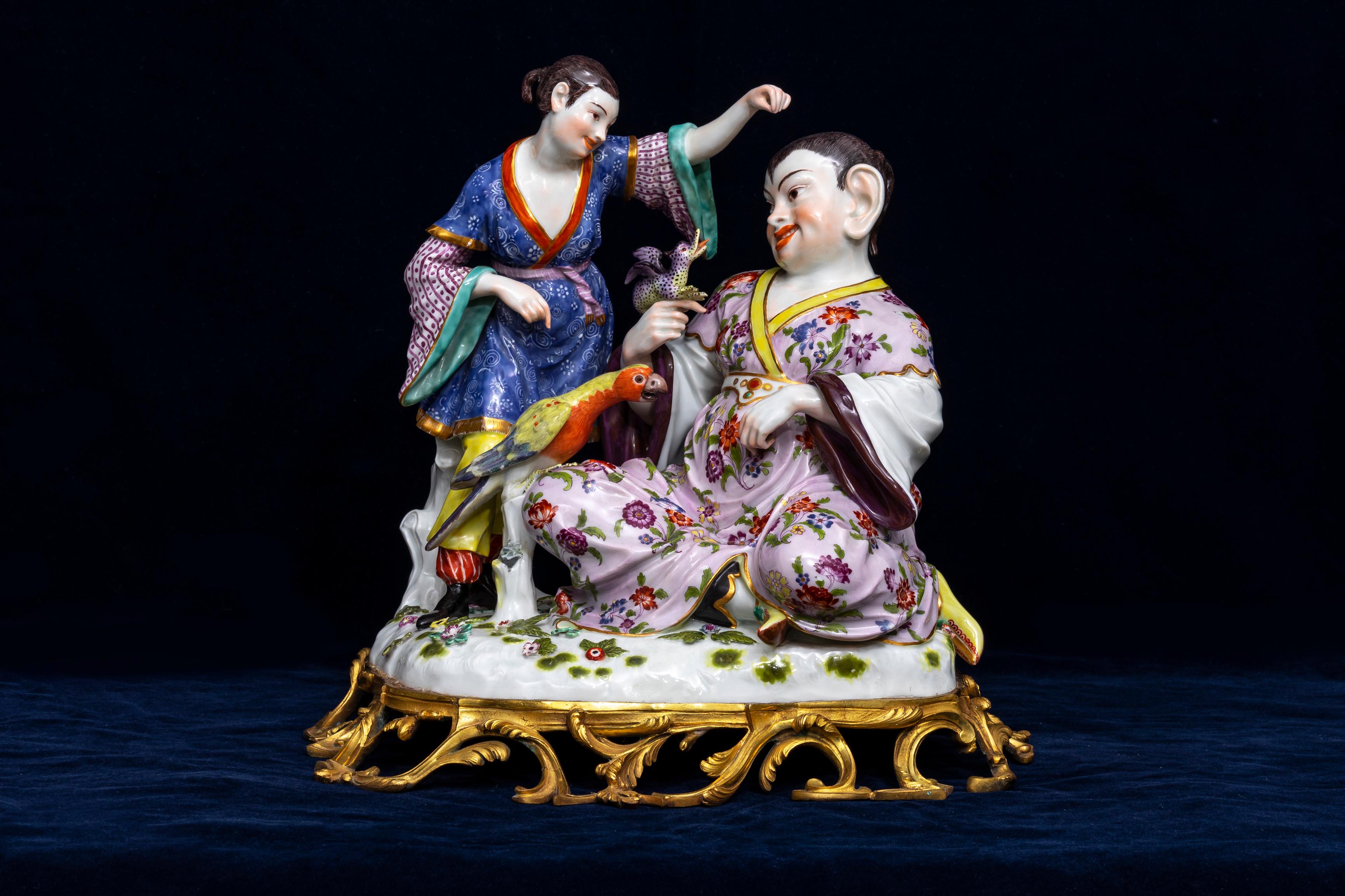 Hand-Carved 19th C. Ormolu Mounted Meissen Porcelain Chinoiserie Group w/ Parrot and Dragon