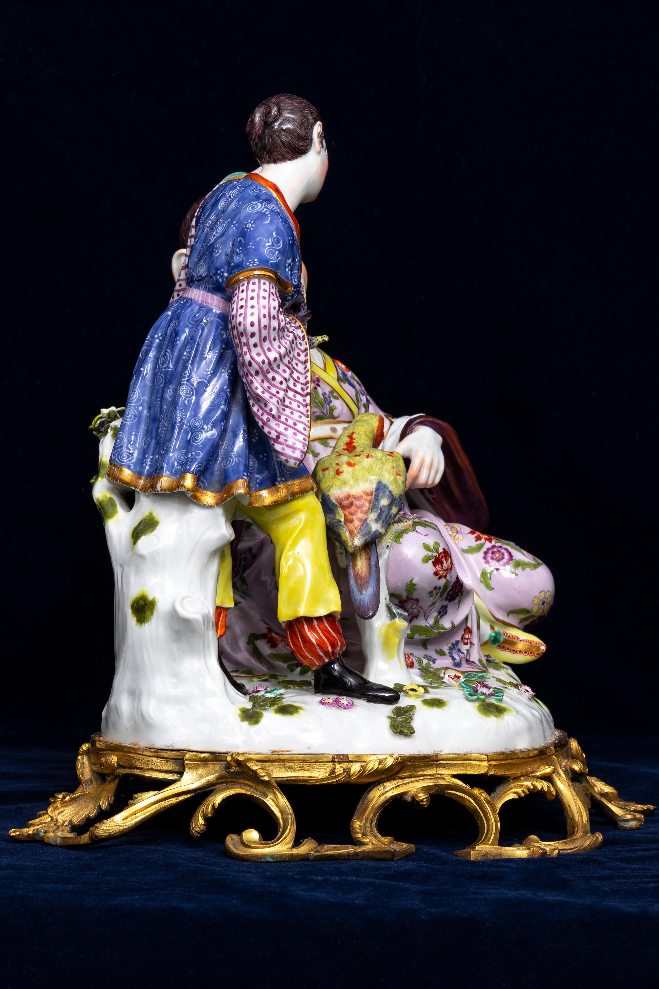 19th C. Ormolu Mounted Meissen Porcelain Chinoiserie Group w/ Parrot and Dragon In Good Condition In New York, NY